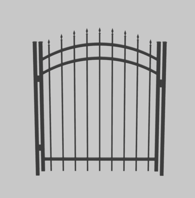 Black-and-white illustration of an arched aluminum walk gate with exposed spear-top pickets.