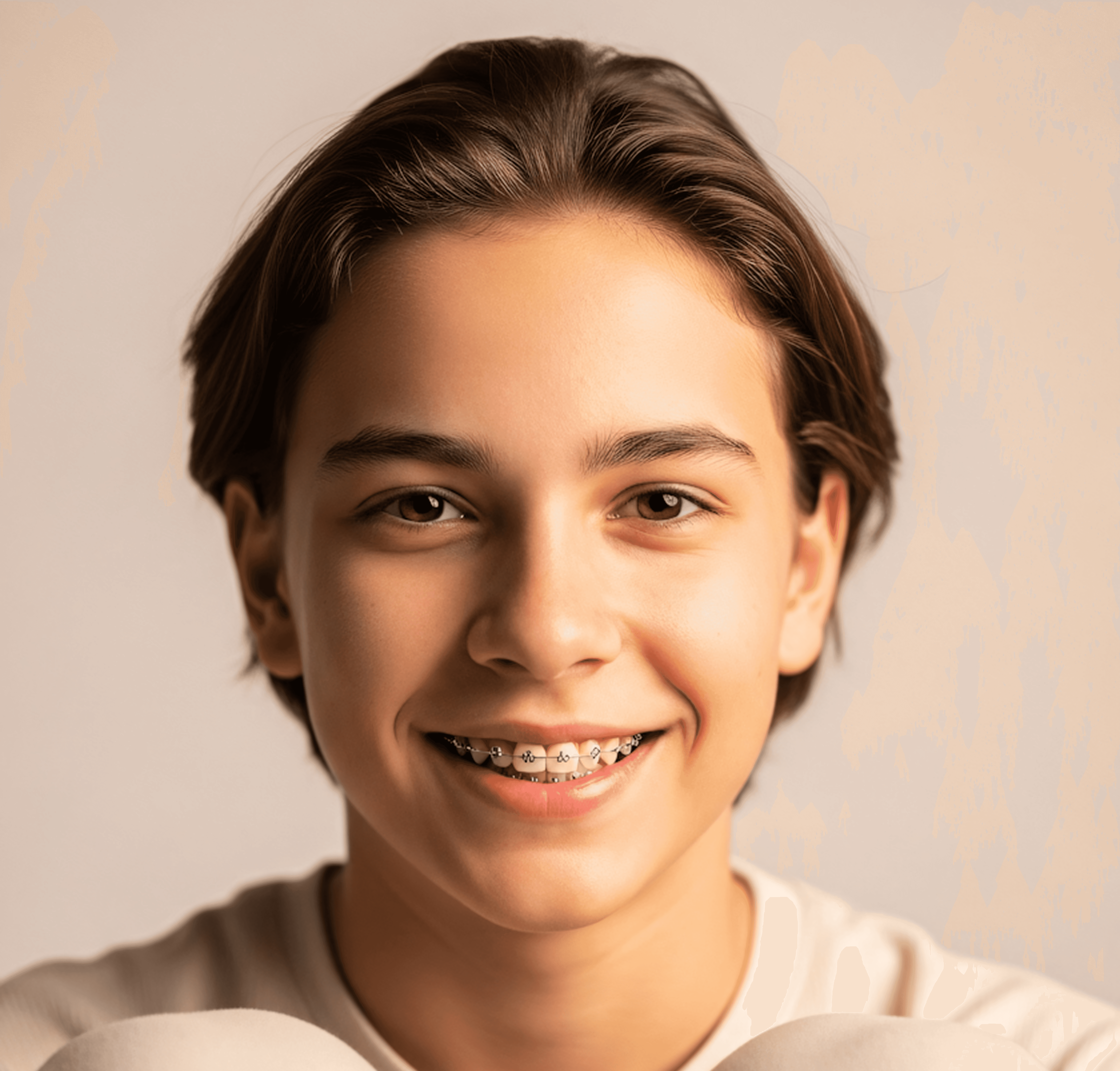 Smiling person with braces and brown hair