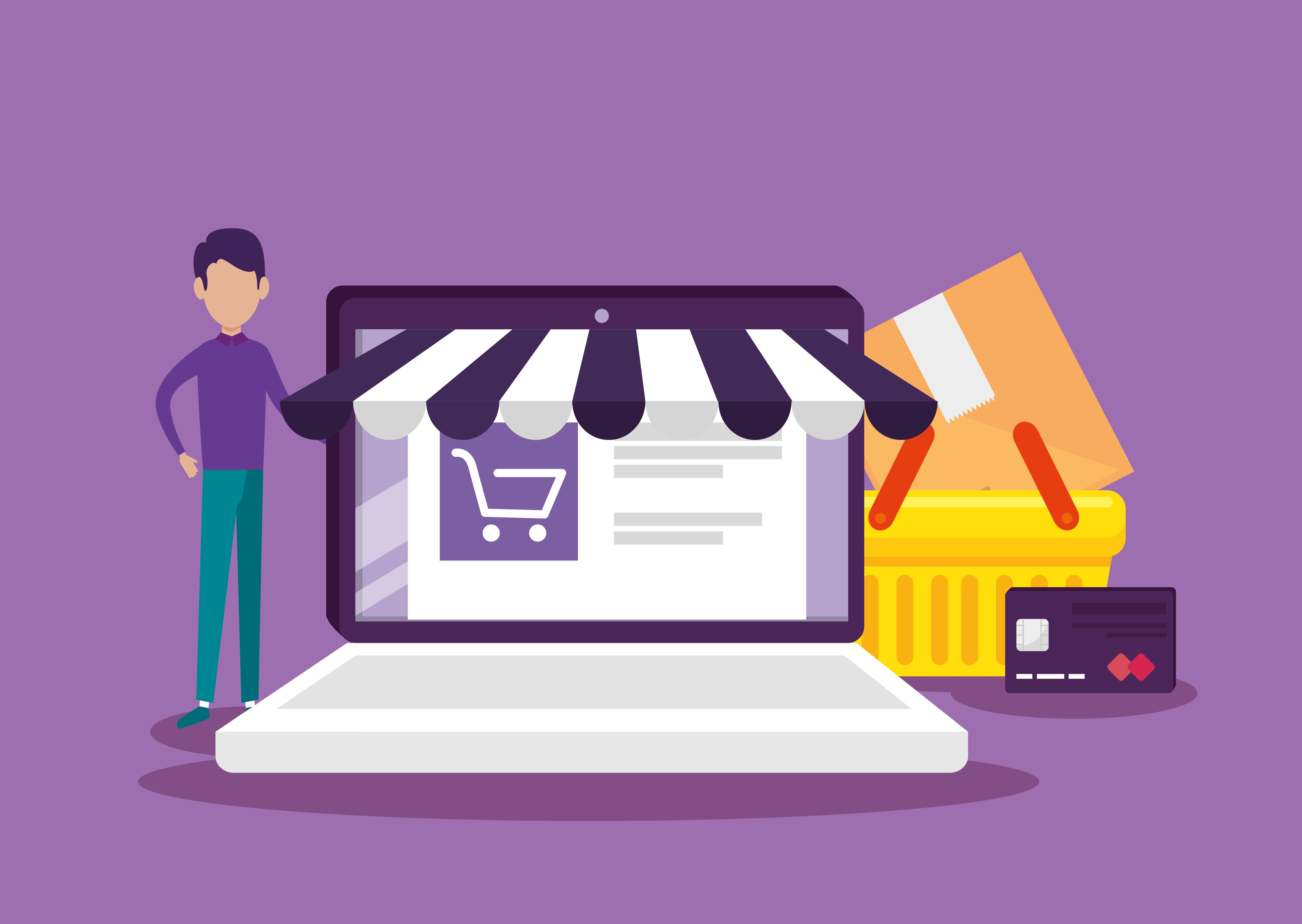 Flat illustration of a person beside a laptop displaying an e-commerce storefront with shopping cart, basket, and credit card