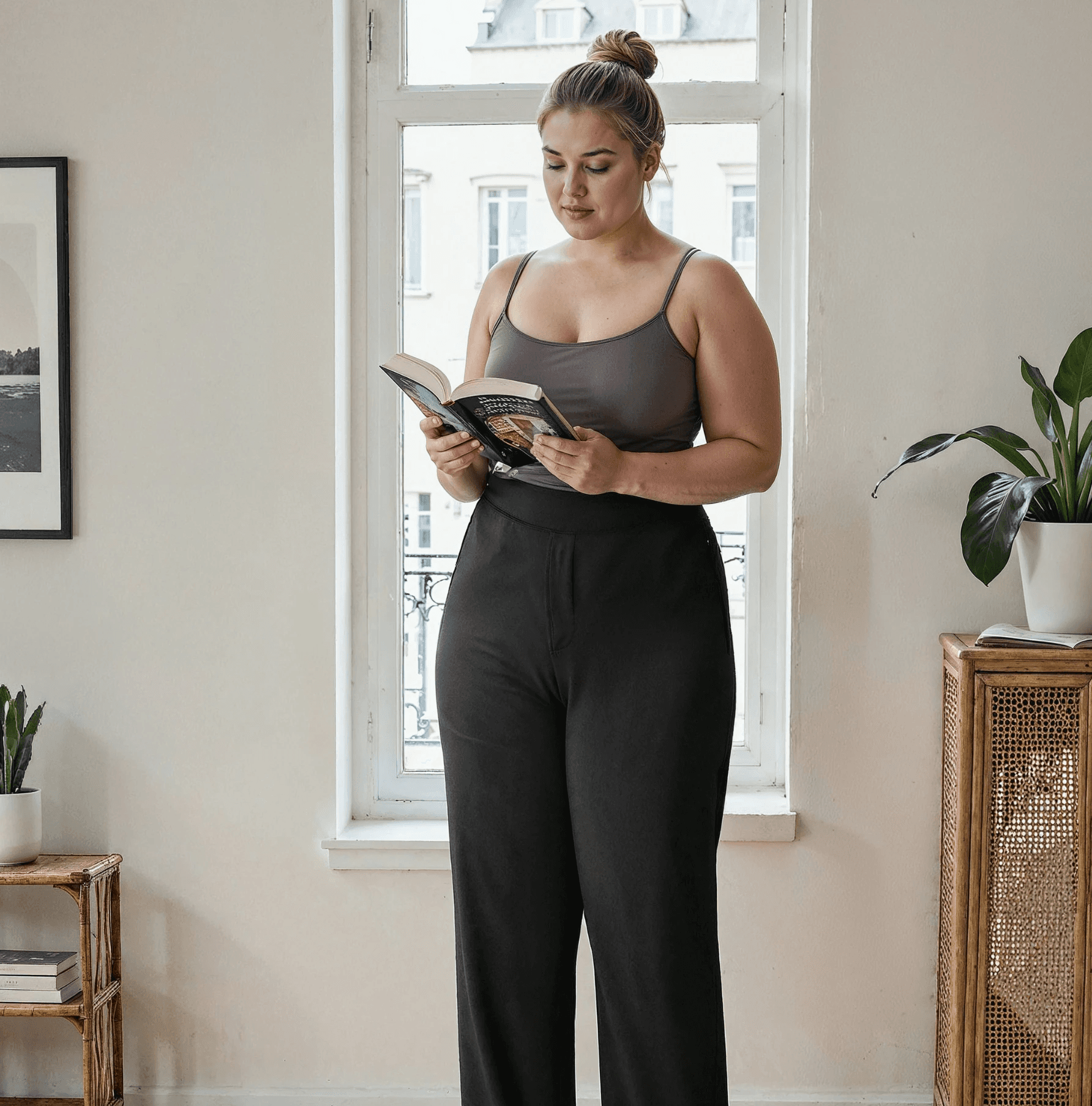 Plus size AI Fashion model female - Wearing Grey camisole - Generated by Caimera AI