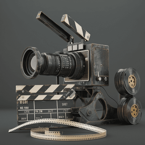 3D Visualisierung einer alten Kamera, Filmklappe und Filmband