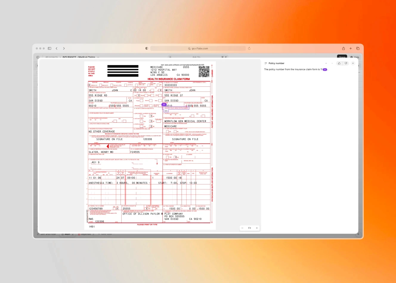 A scanned health insurance claim form with details like policy number, patient information, and billing details. The form includes multiple handwritten and printed fields, and next to it, there is an extracted policy number.