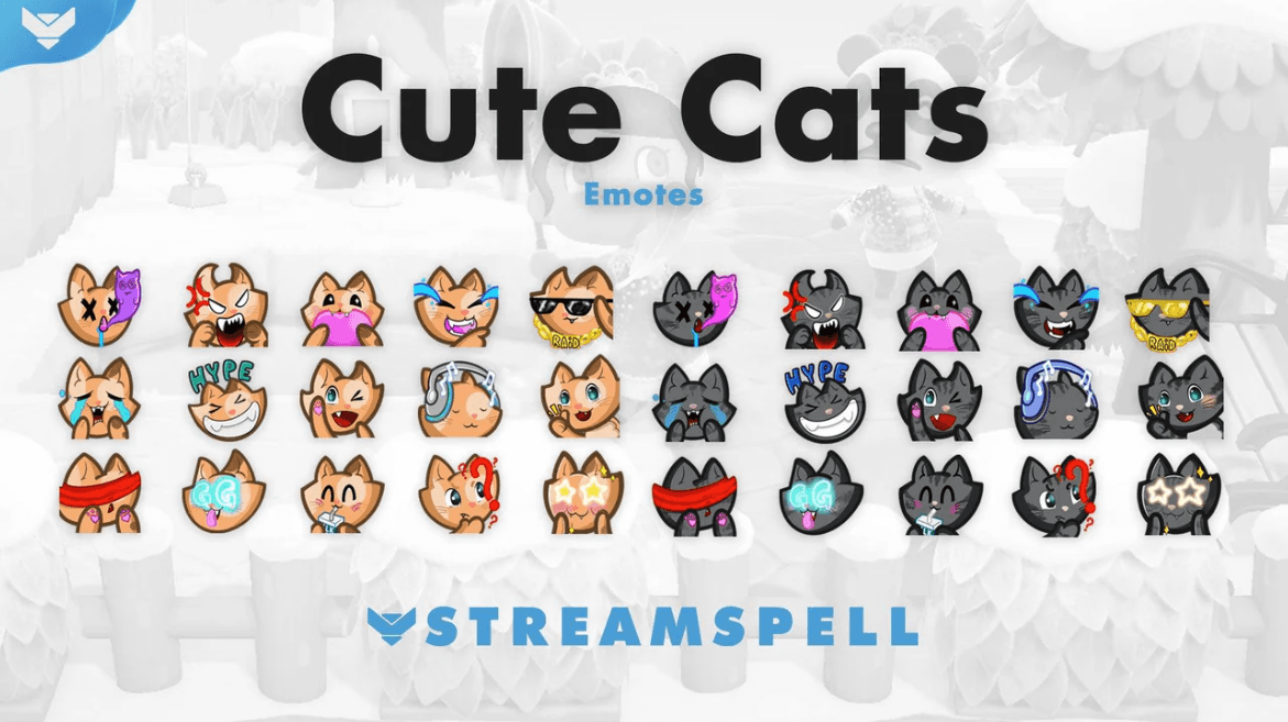 Cute Cats Emotes preview – a set of 30 cat-themed emotes in orange and gray variations, featuring expressions like hype, rage, love, cry, laugh, and GG. Perfect for Twitch, YouTube, Discord, and cozy streamers who love kawaii and animal-inspired channel assets.