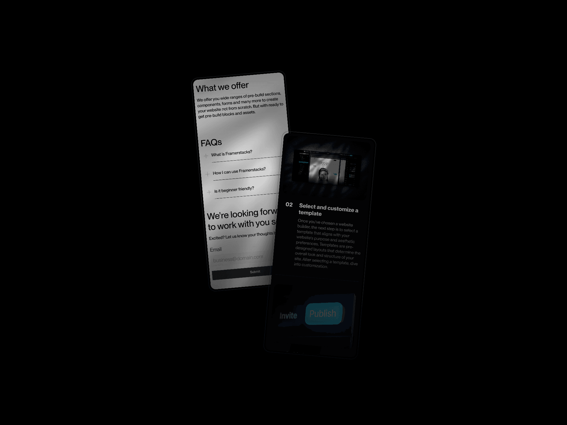 webiae, a dark and light themed website template made in framer. This is webiae faq section in dark and light theme in a mobile device mockup