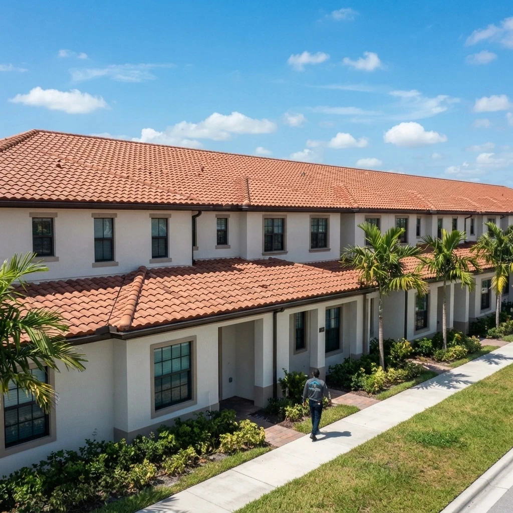 Row of attached townhomes in South Florida sharing a continuous tile roof across multiple units