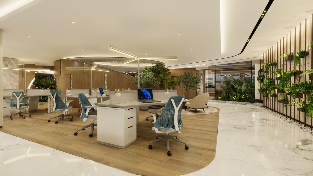 Open-plan coworking space in Dubai with ergonomic seating, natural light, and biophilic interior elements.