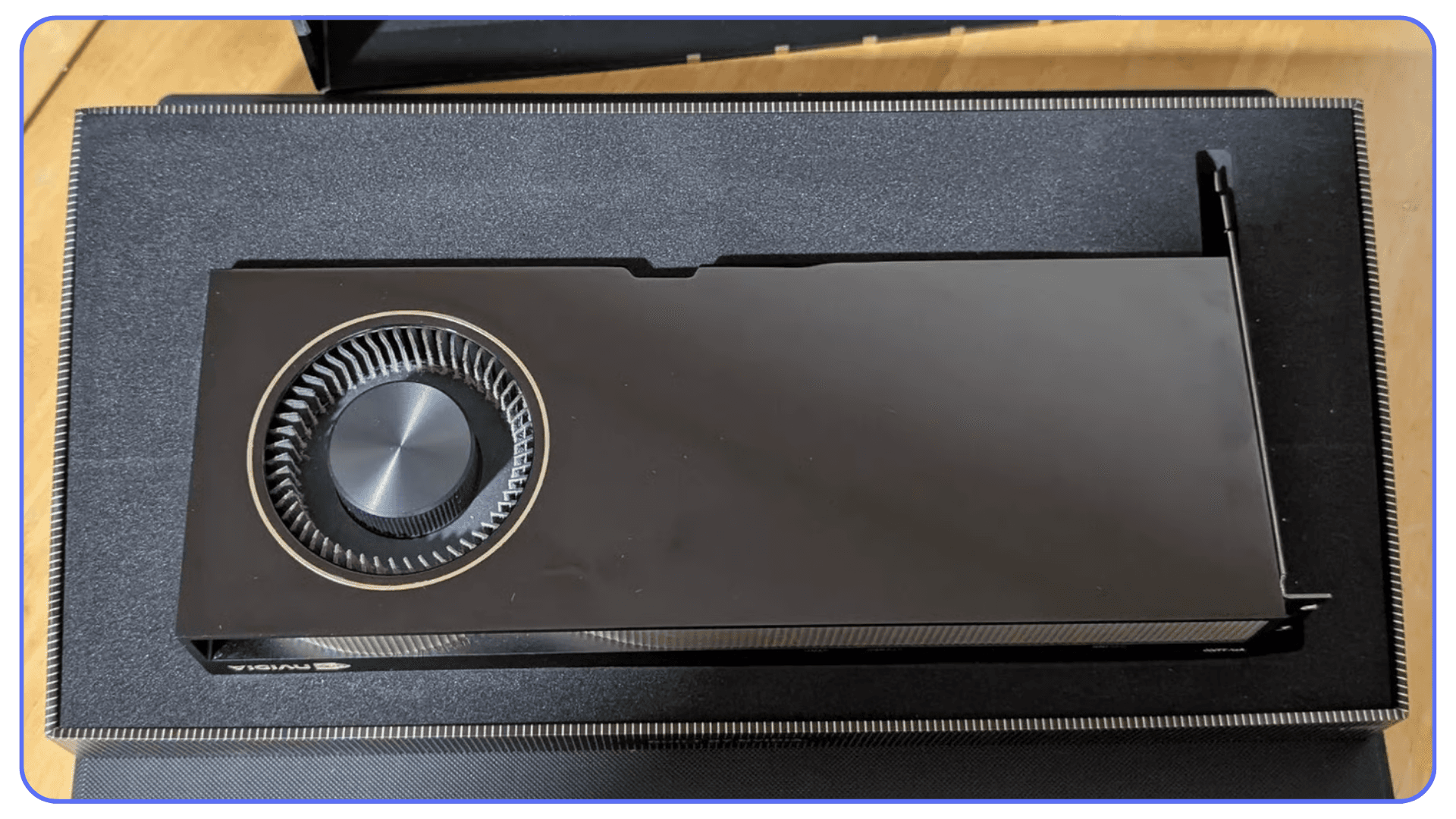 Top view of NVIDIA RTX A6000 workstation graphics card with blower style cooling