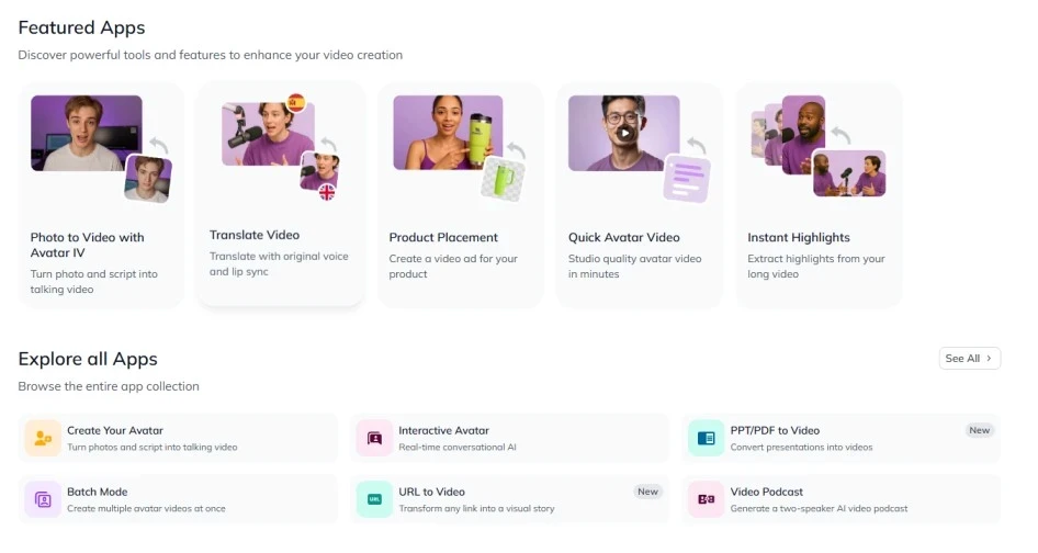 HeyGen platform overview — AI video creation dashboard