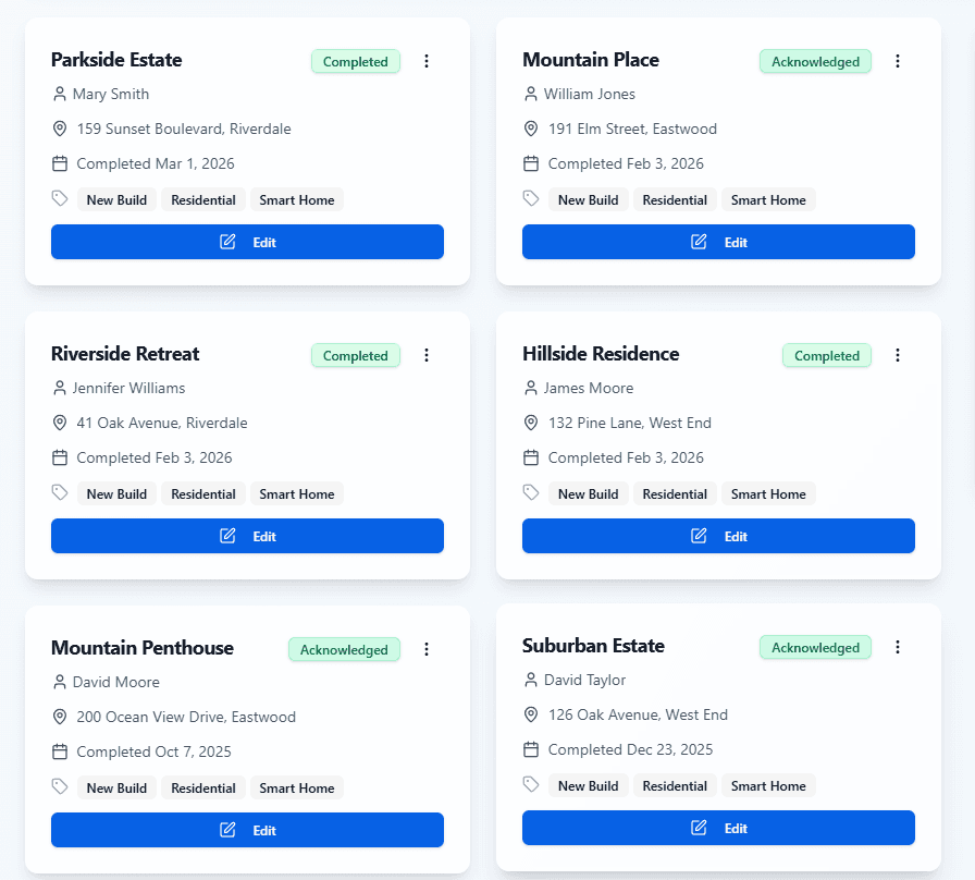 Handovr dashboard displaying project cards with client details, completion status, and recent handover activity.