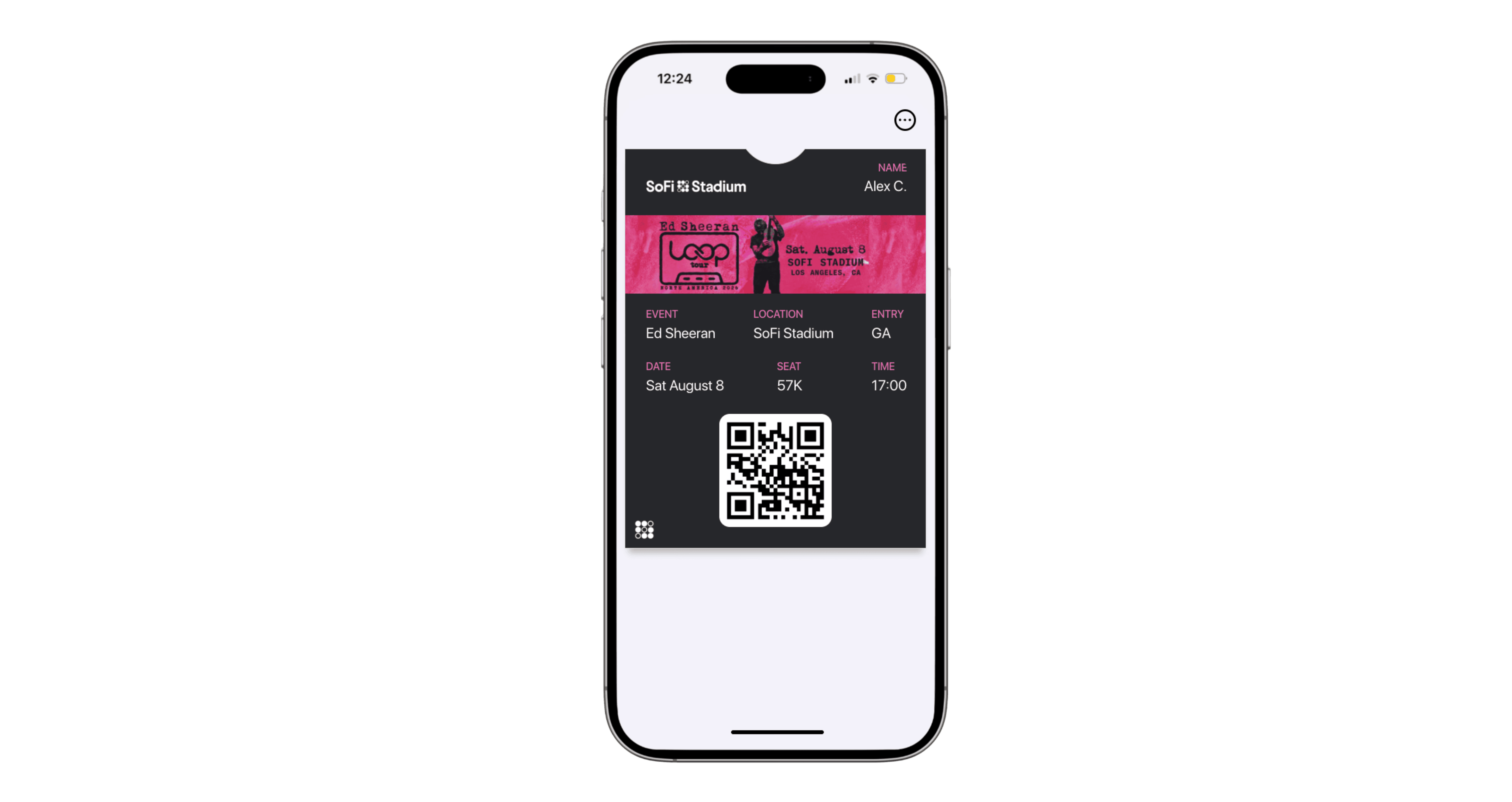Two smartphones showing a digital concert ticket workflow: one phone displays an Ed Sheeran ‘Loop Tour’ ticket in a mobile wallet with a QR code, while the second phone shows a QR code scanning app validating the ticket.