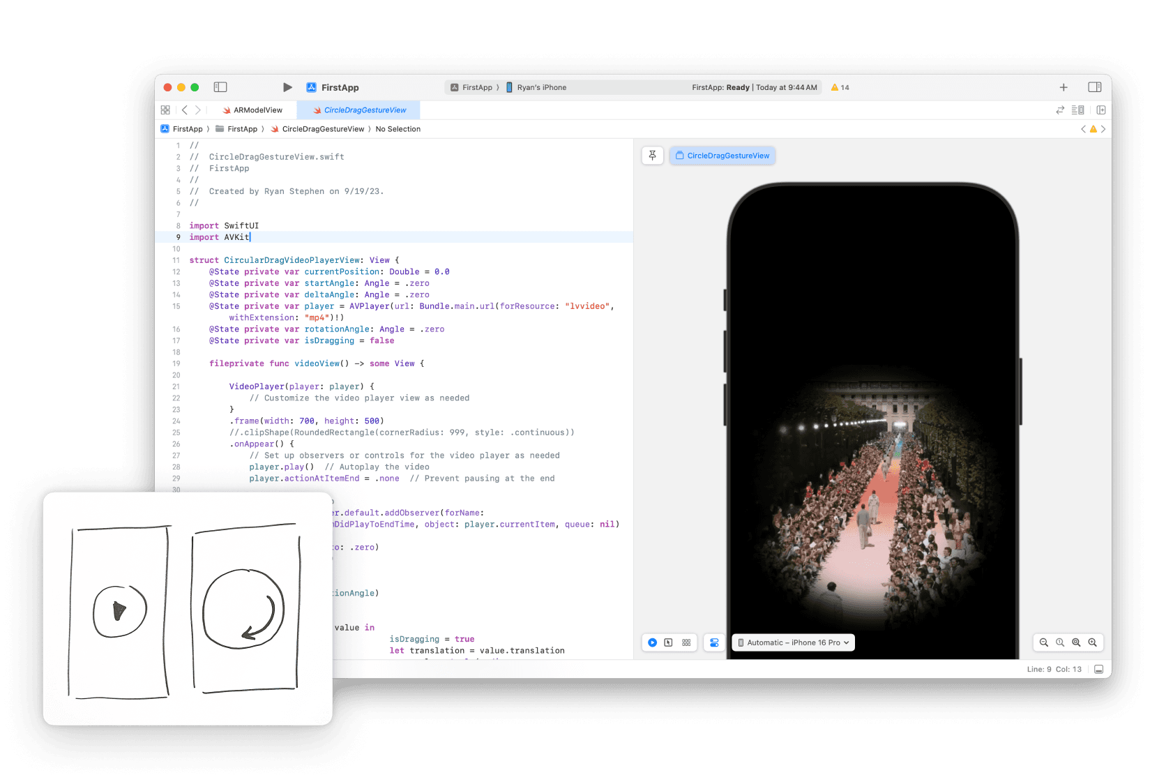 A screenshot of Xcode with code and a view of a phone and sketch of a circle