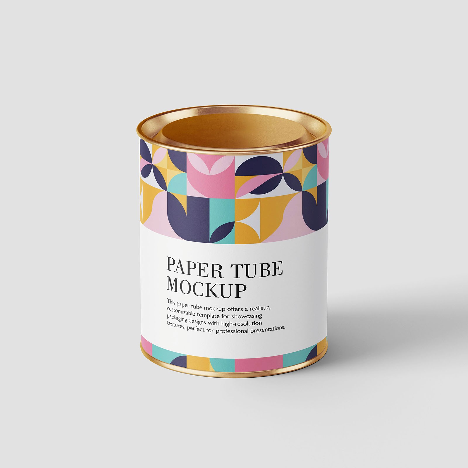 This PSD mockup presents a paper tube with a sleek metal lid and bottom, providing a realistic and professional look for your packaging designs. With easy-to-use, customizable layers, you can effortlessly tailor the mockup to reflect your branding and product requirements. Ideal for showcasing design concepts in presentations or enhancing your portfolio, this template ensures your packaging stands out with modern elegance and sophistication.