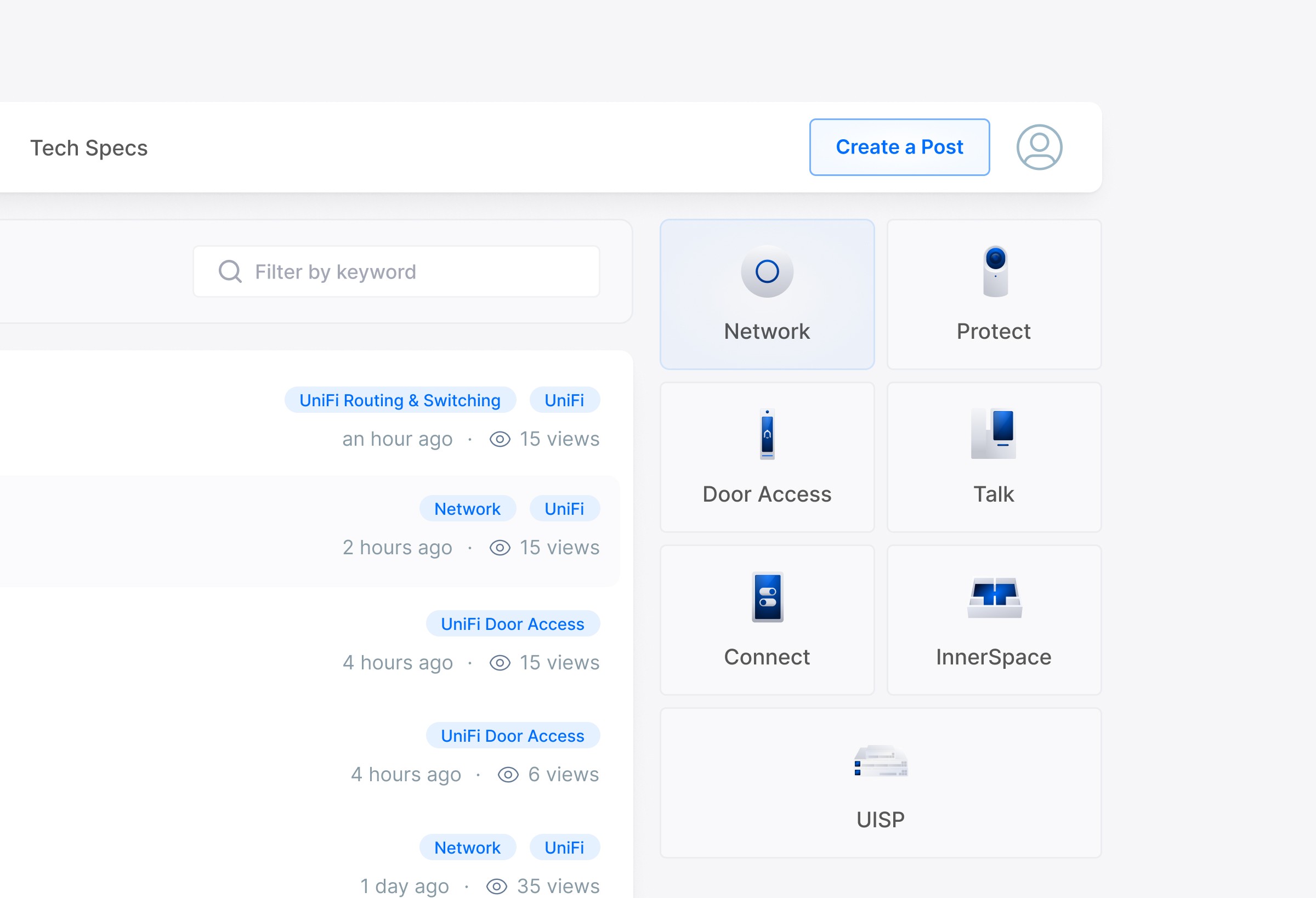 community forum interface displaying various options and settings in a grid layout with icons representing different categories.