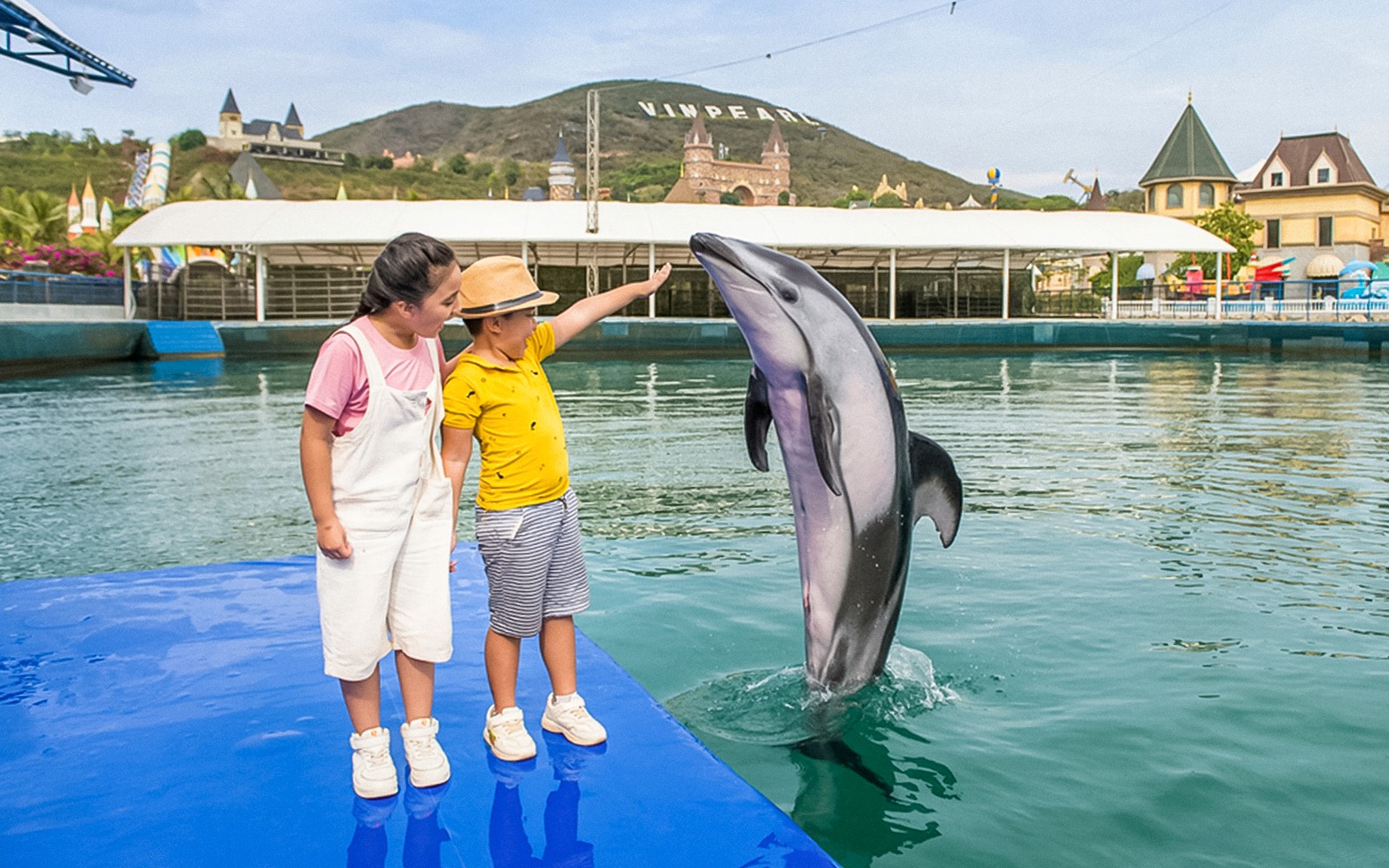 Children interacting with a dolphin at Vinpearl, Vietnam.