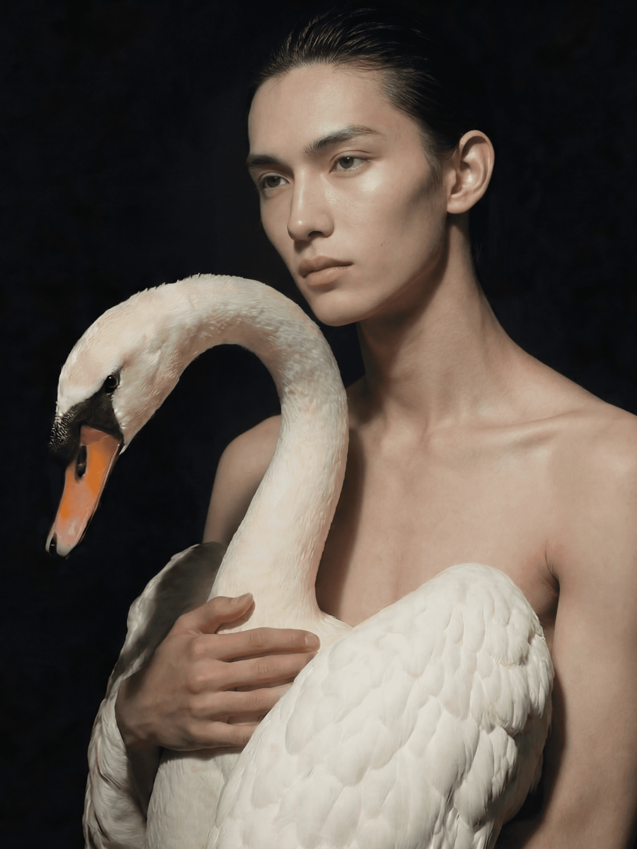 A visual study of the relationship between human and avian forms in a somber, monochromatic setting.