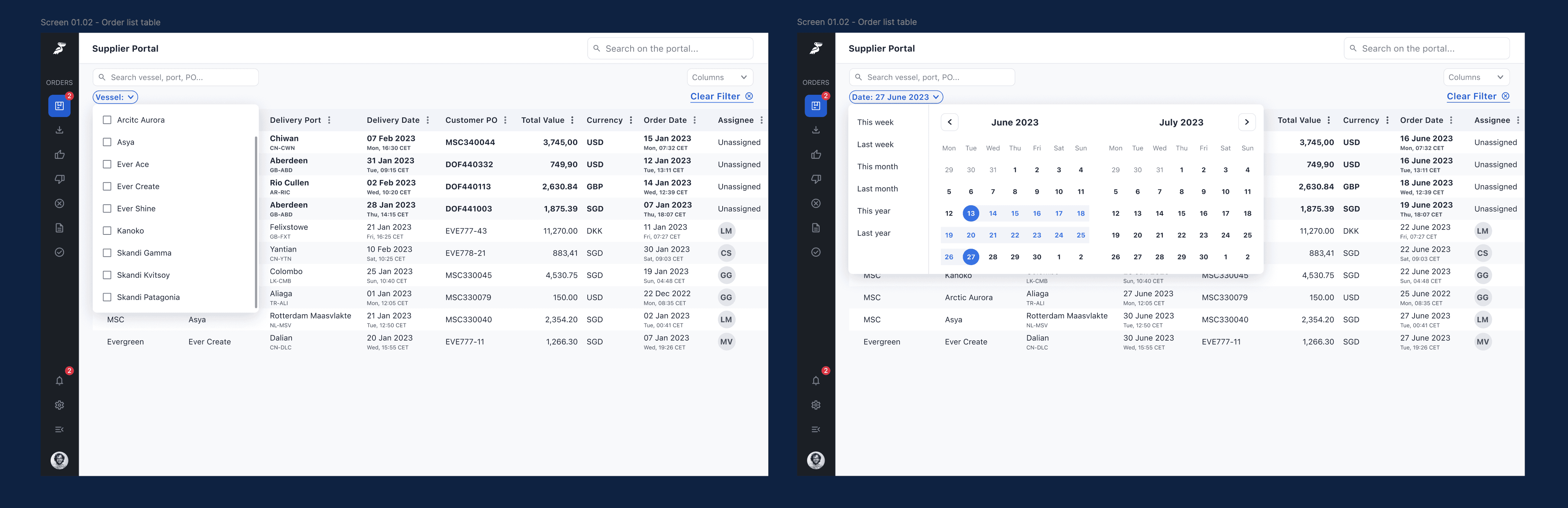 UI Design of the new order list views, filtering