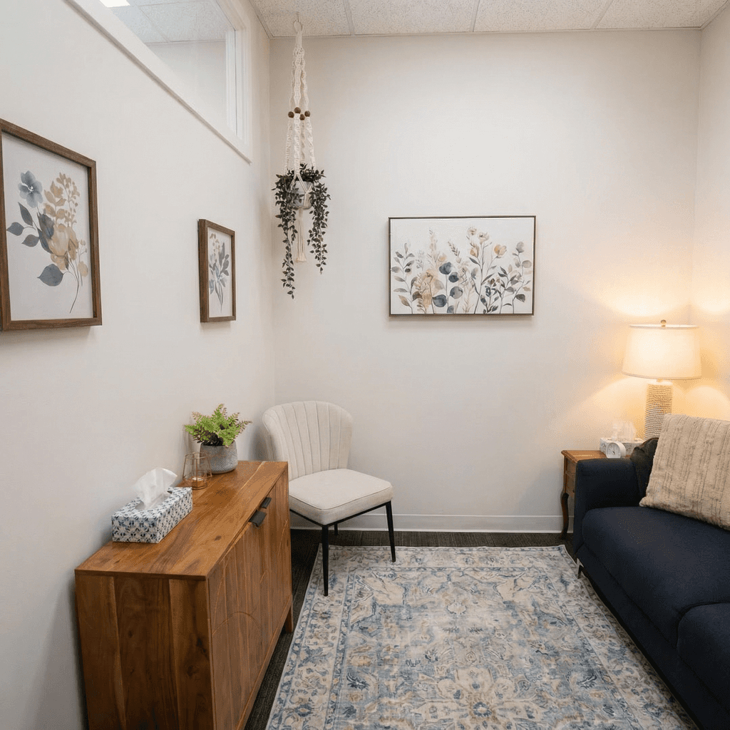Therapy room corner with botanical artwork and plants at Sonder Counselling Group Calgary Macleod Trail SW