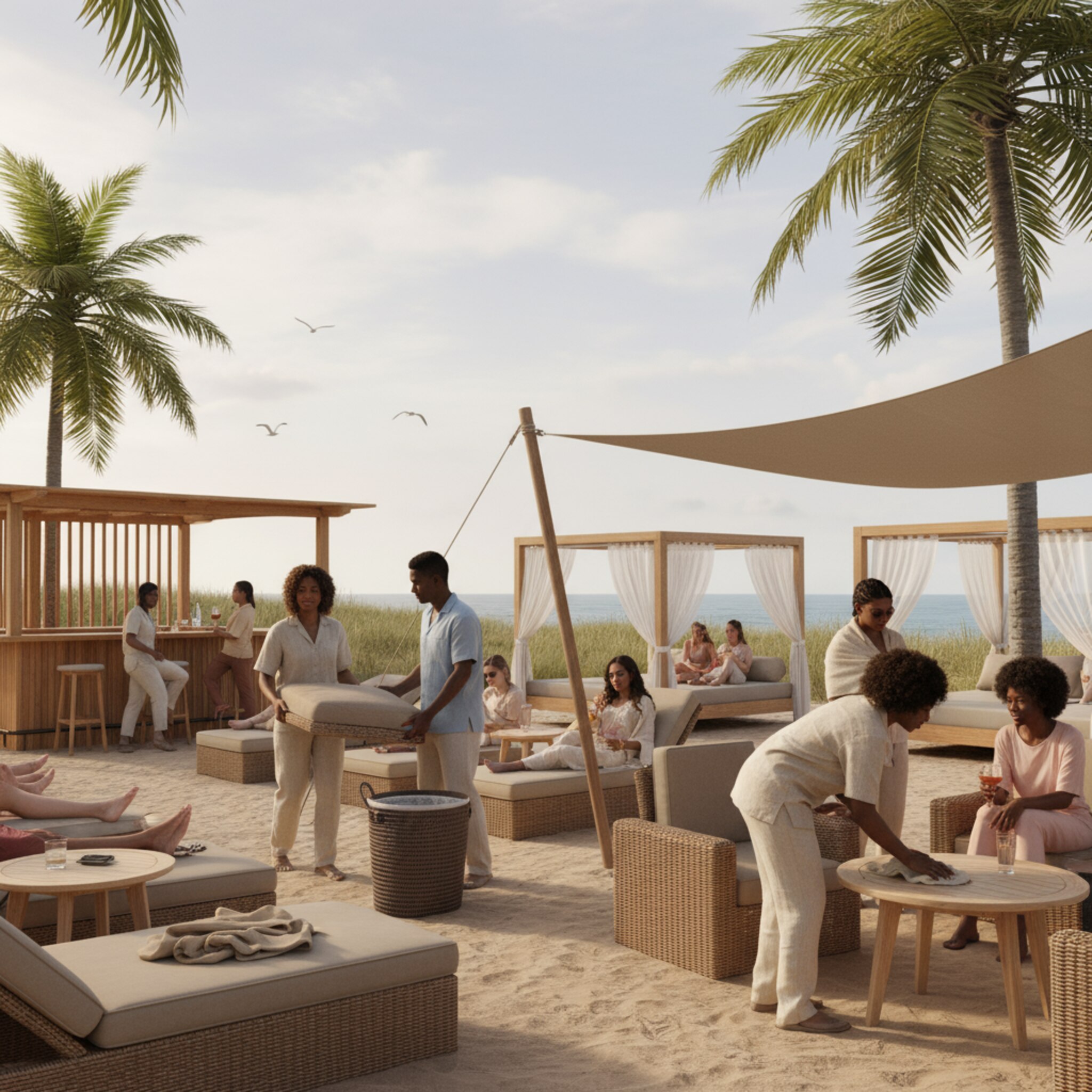 Dünne Wolken ziehen auf, Palmenblätter bewegen sich lebhaft. Mitarbeitende räumen Polster in eine trockene Ecke, während andere wasserdichte Körbe bereitstellen. Gäste bleiben entspannt, einige wechseln in überdachte Bereiche. Die Abläufe wirken koordiniert und vorausschauend, ohne Hektik.