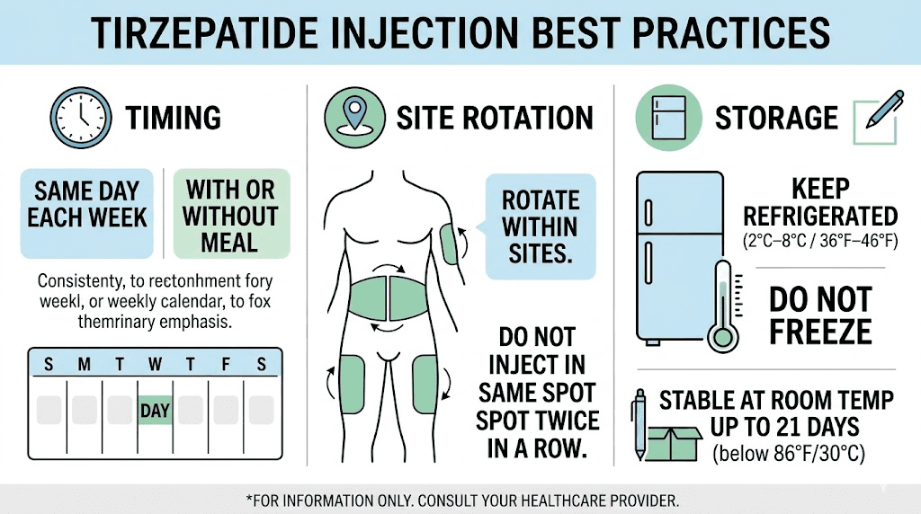 Tirzepatide injection technique and storage best practices infographic