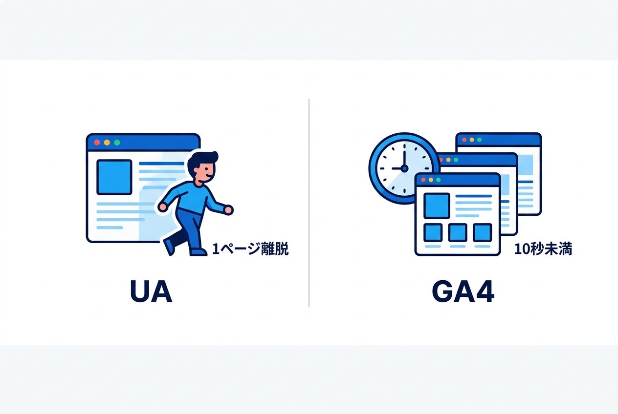 UAは単純に1ページだけを見て離脱したセッションを直帰として計測していたが、GA4はユーザーエンゲージメントの観点から10秒未満かつ1ページビューのセッションを直帰と定義している。