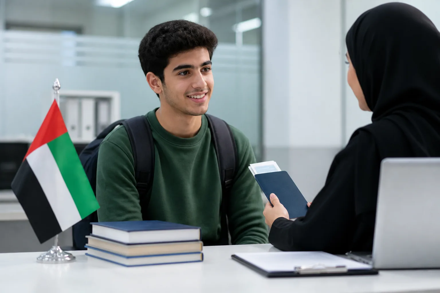 Graduation cap beside a passport and university building for a UAE student visa