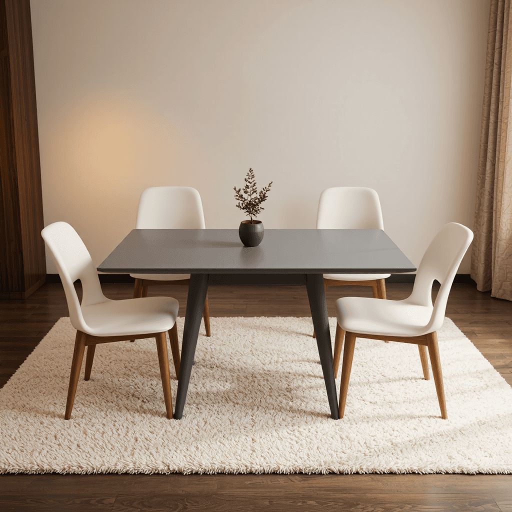 product photography of a dining table with four chairs and a plant on top