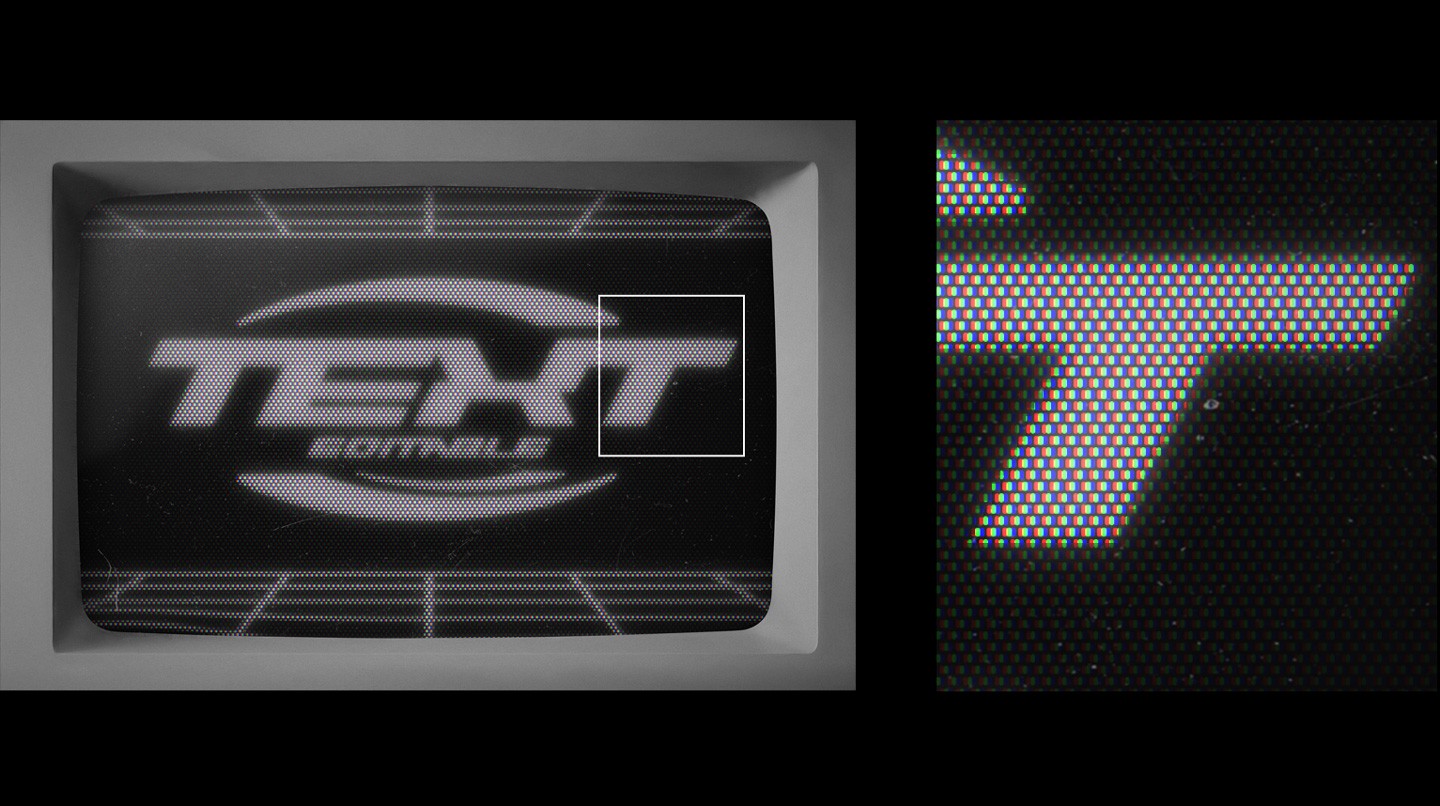 Macro close up of the Retro CRT Monitor Mockup highlighting the RGB subpixel structure and chromatic aberration