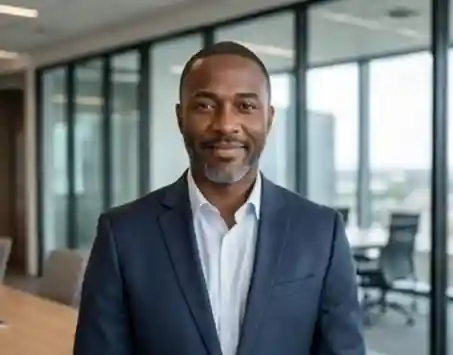 Professional headshot of a confident male executive wearing a navy suit, standing inside a modern corporate glass office.