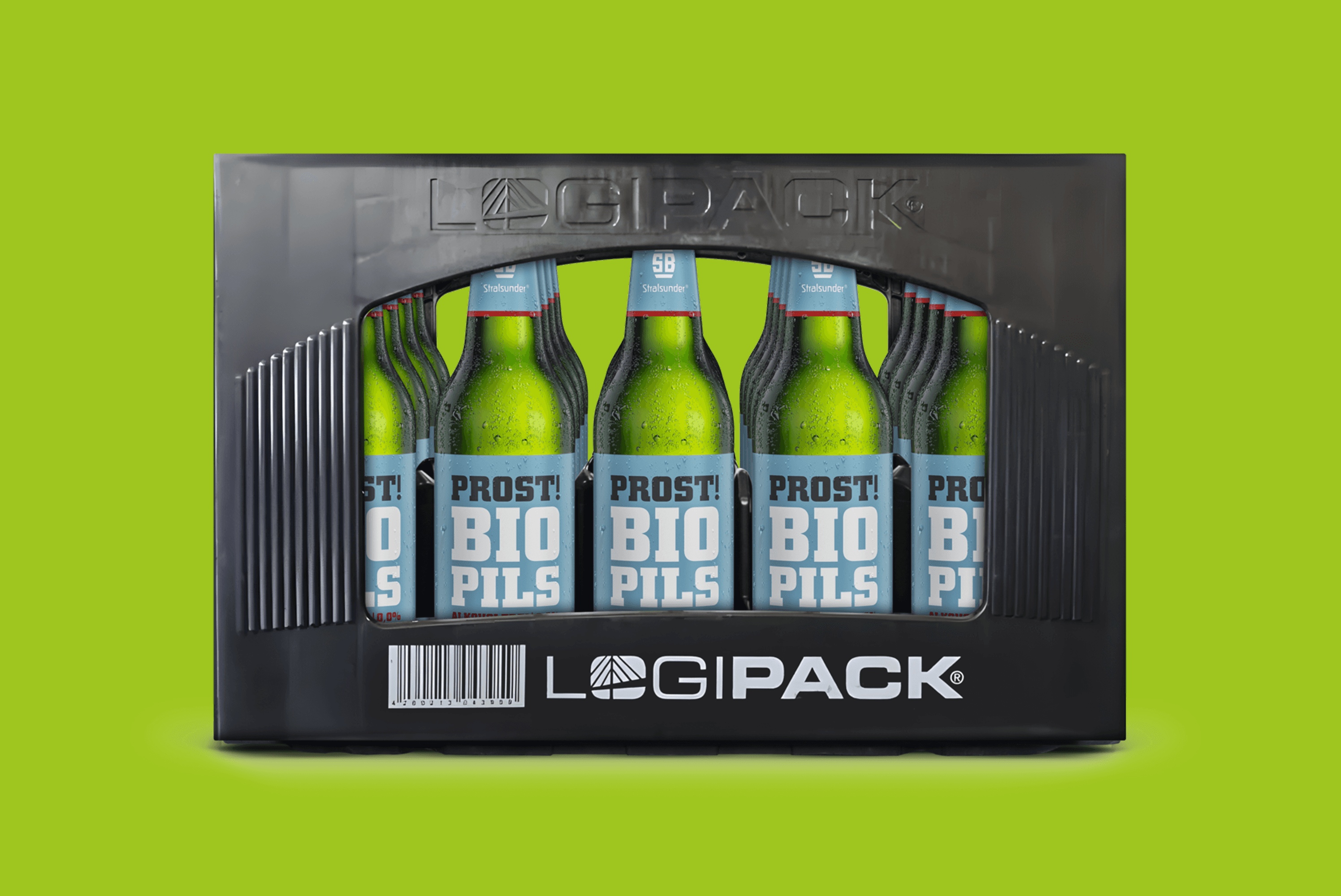 Six green beer bottles in a black LOGIPACK crate.