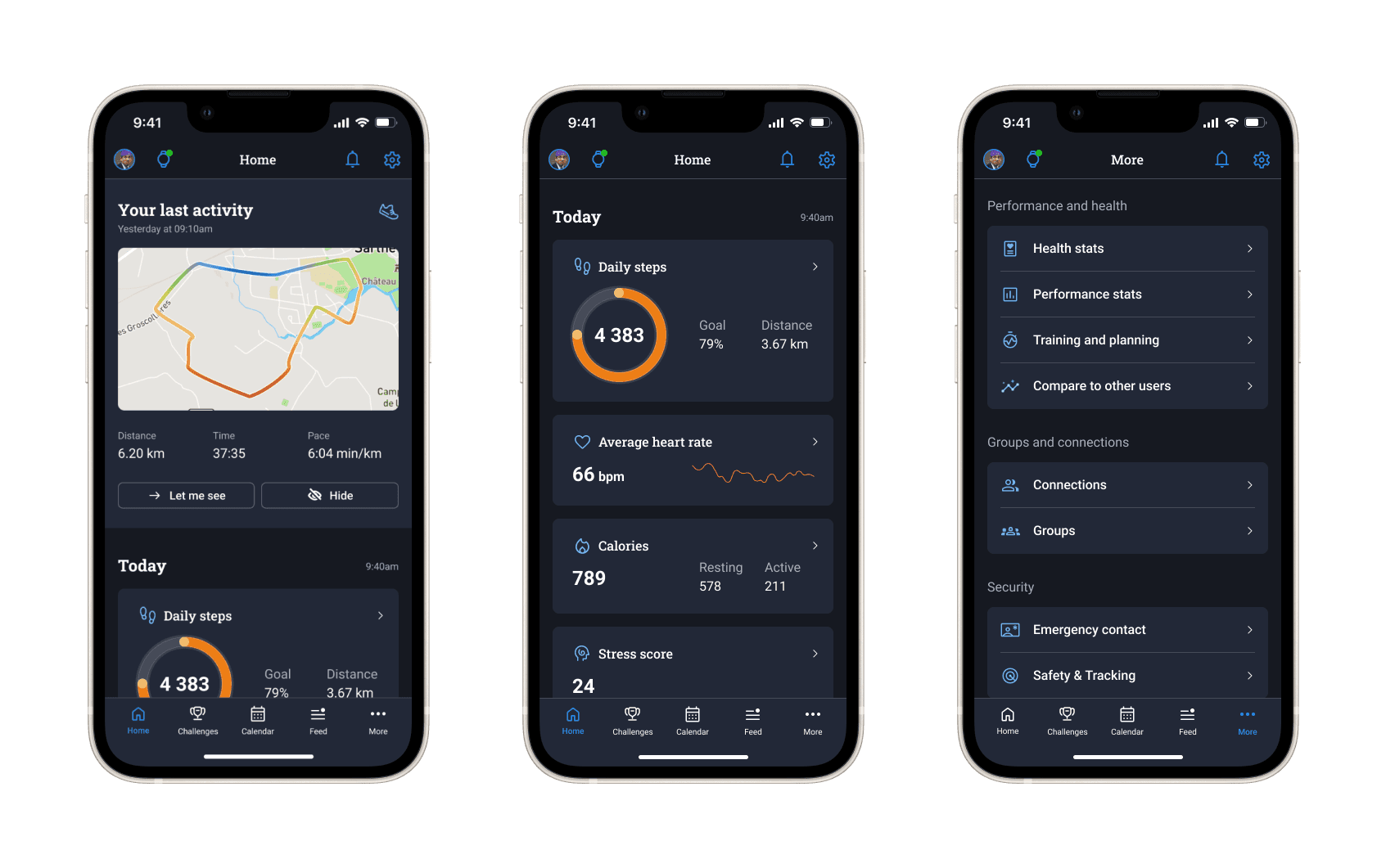 Homepage and “More” navigation item. I highlighted the last activity and reorganized the “more” list to simplify it
