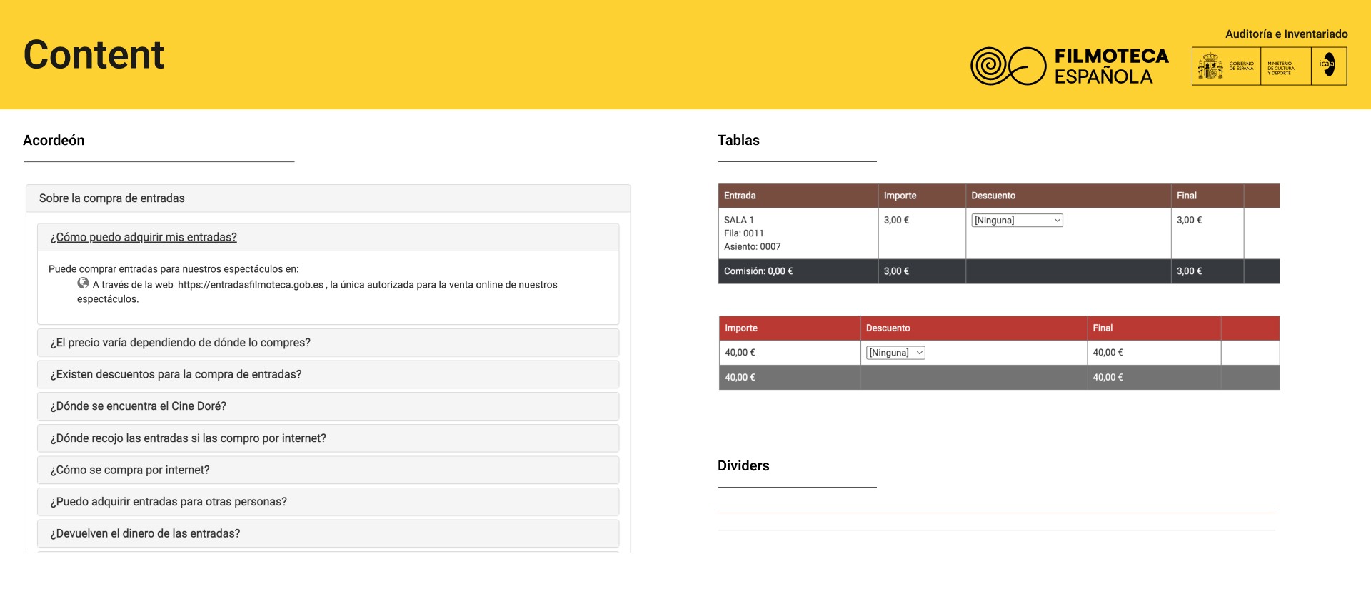 Captura de acordeón, tablas y dividers