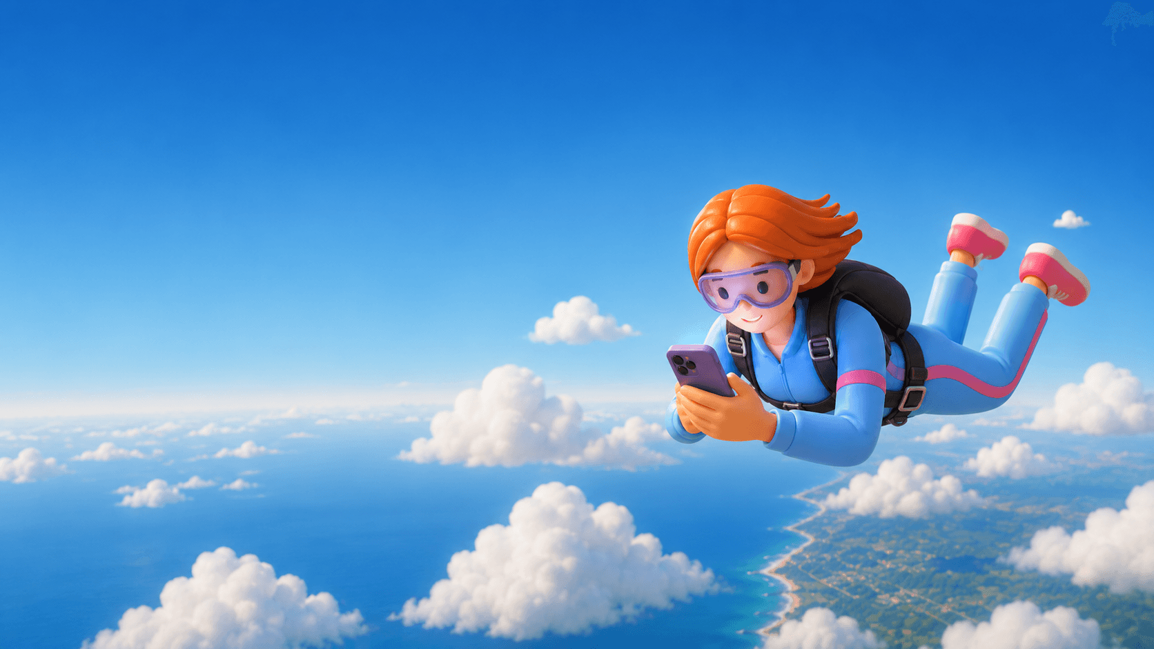 3D cartoon woman with orange hair skydiving while looking at a purple smartphone.
