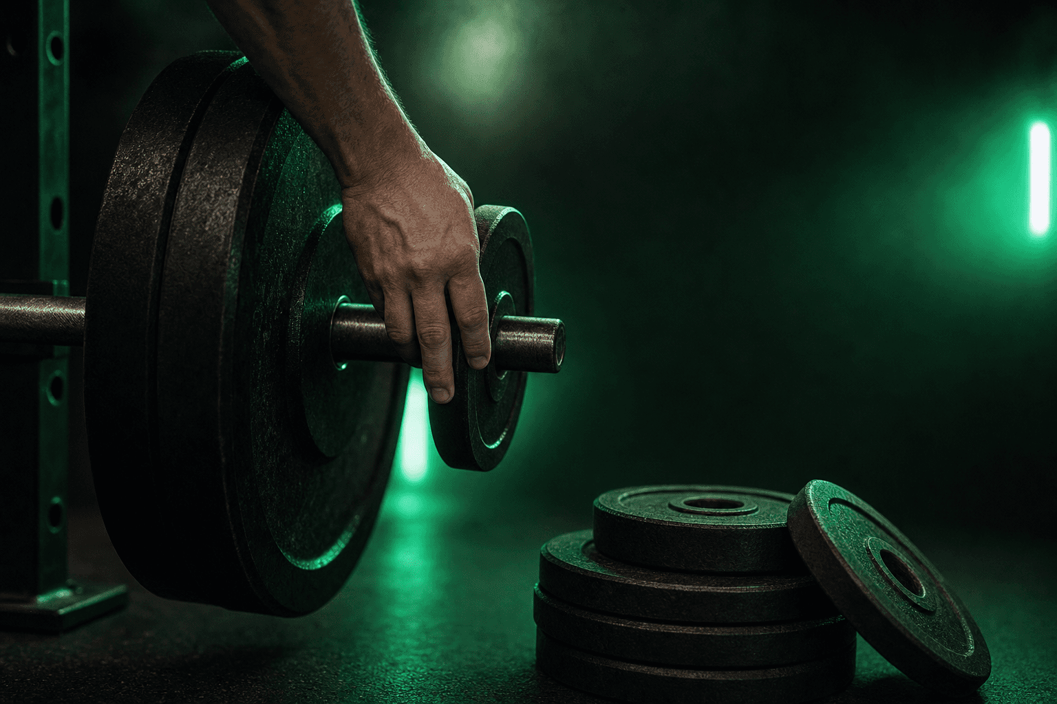 A hand loading a smaller plate onto a barbell during a deliberate deload week