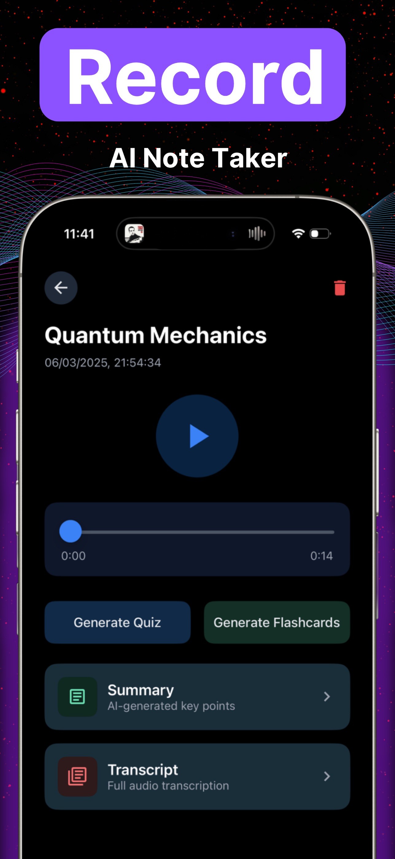 Lecha iPhone screen of a recorded lecture with Summary and Transcript