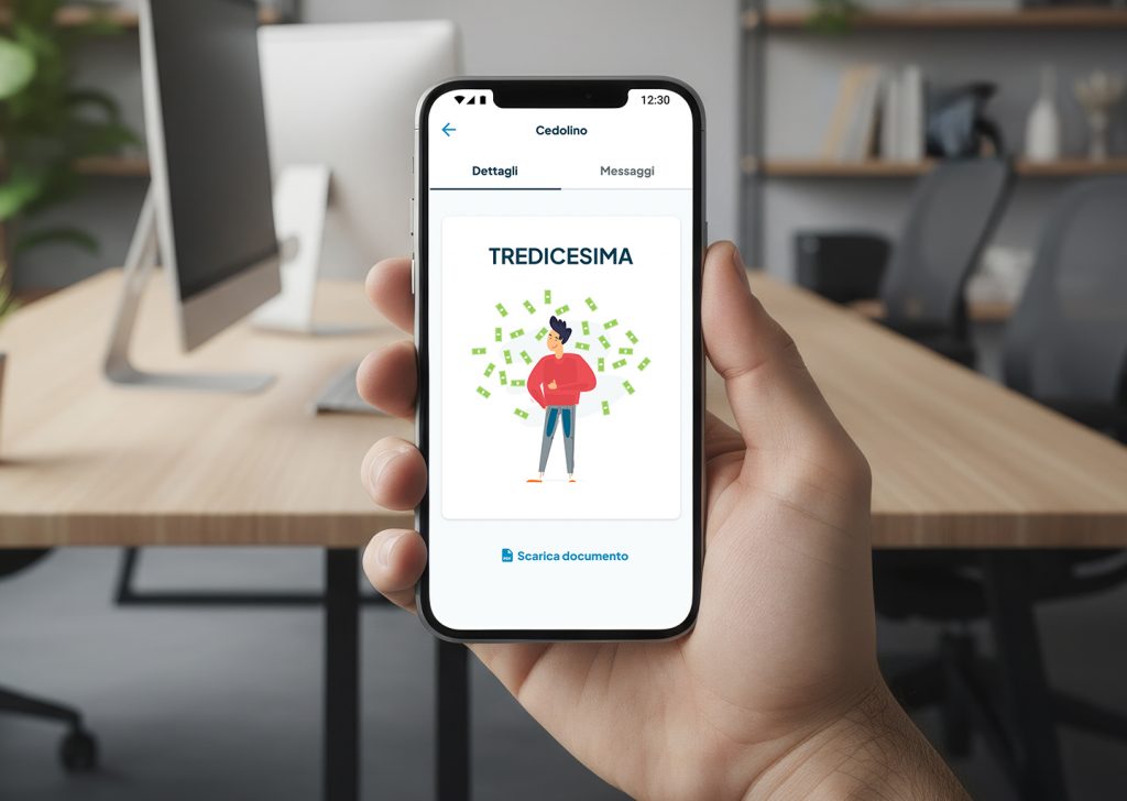 Telefono con l’app Fluida aperta, sulla schermata Dettaglio documento, vediamo la scritta Tredicesima e il classico omino con i soldi che svolazzano intorno