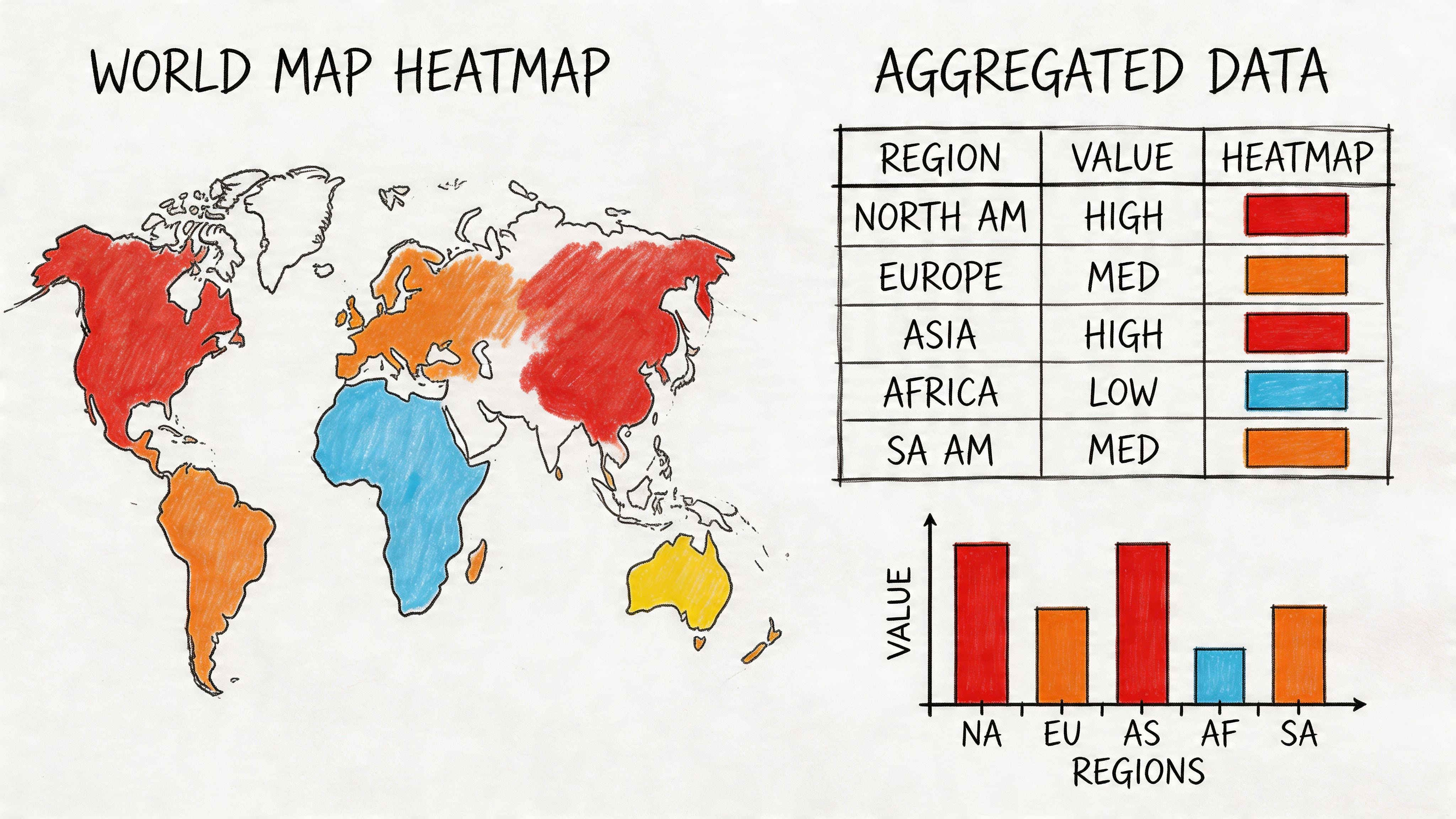 A hand-drawn illustration showing a world map heatmap alongside an aggregated data table and a bar graph.