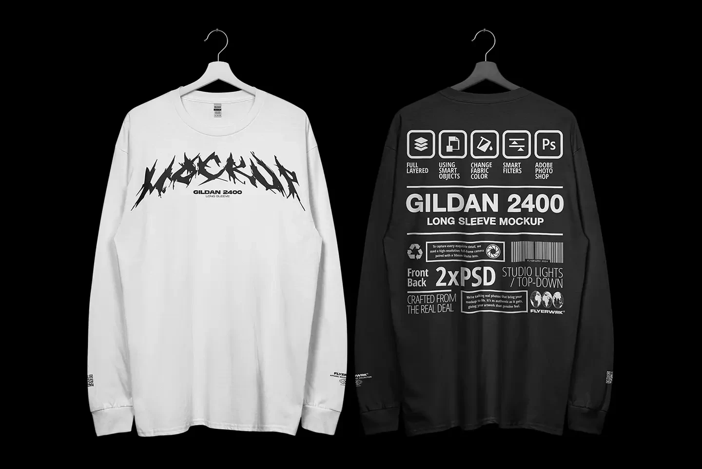 Gildan 2400 long sleeve hanging mockup front and back view with customizable shirt design