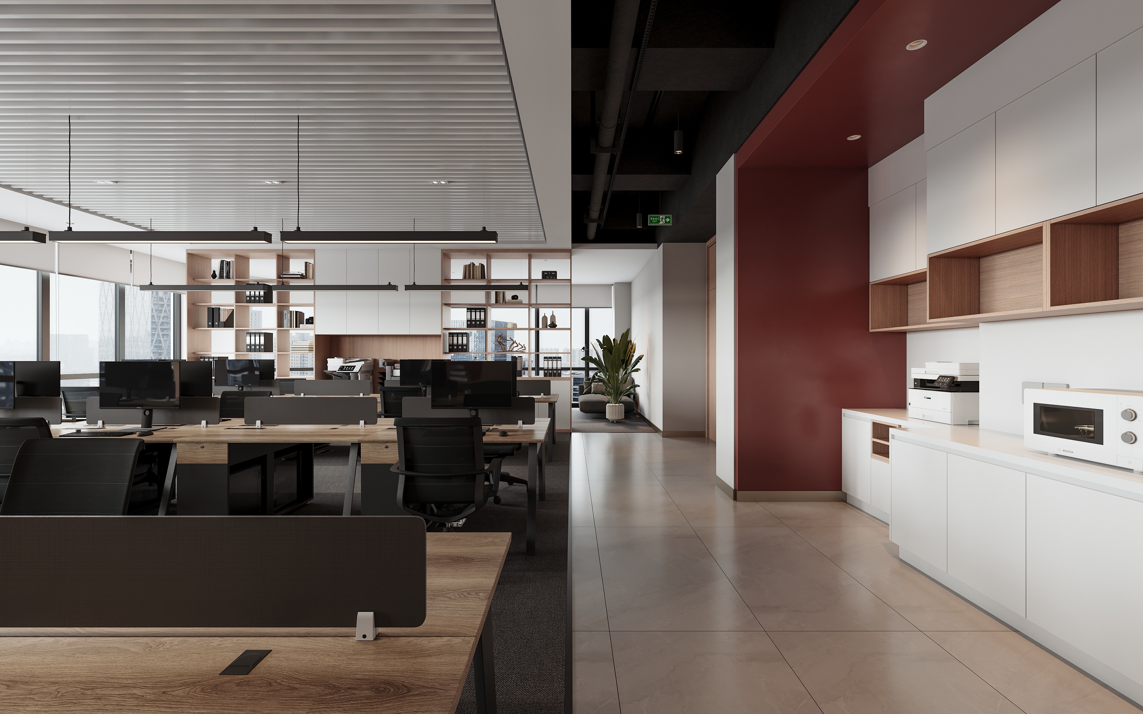 Office breakout area featuring a marble island and contemporary bar seating