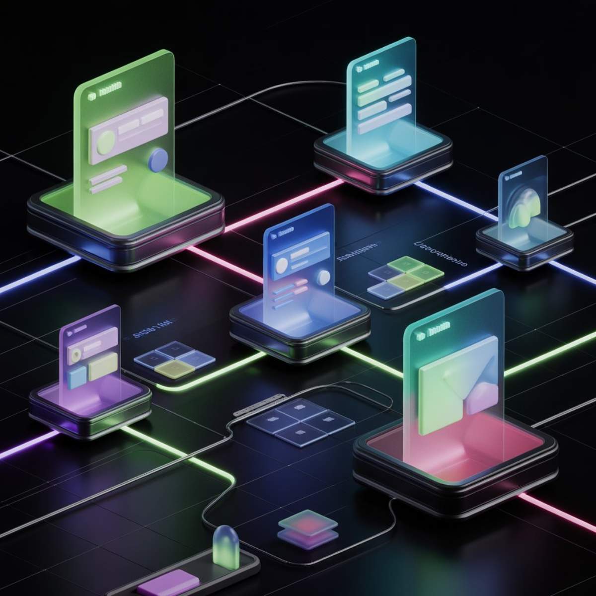 abstract visualization of chain of phones connected to each other neon futuristic