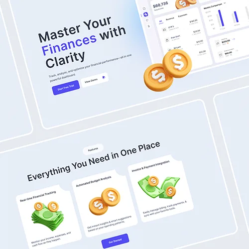 UI/UX design for financial SaaS platform – modern landing page showcasing money management and invoicing features.