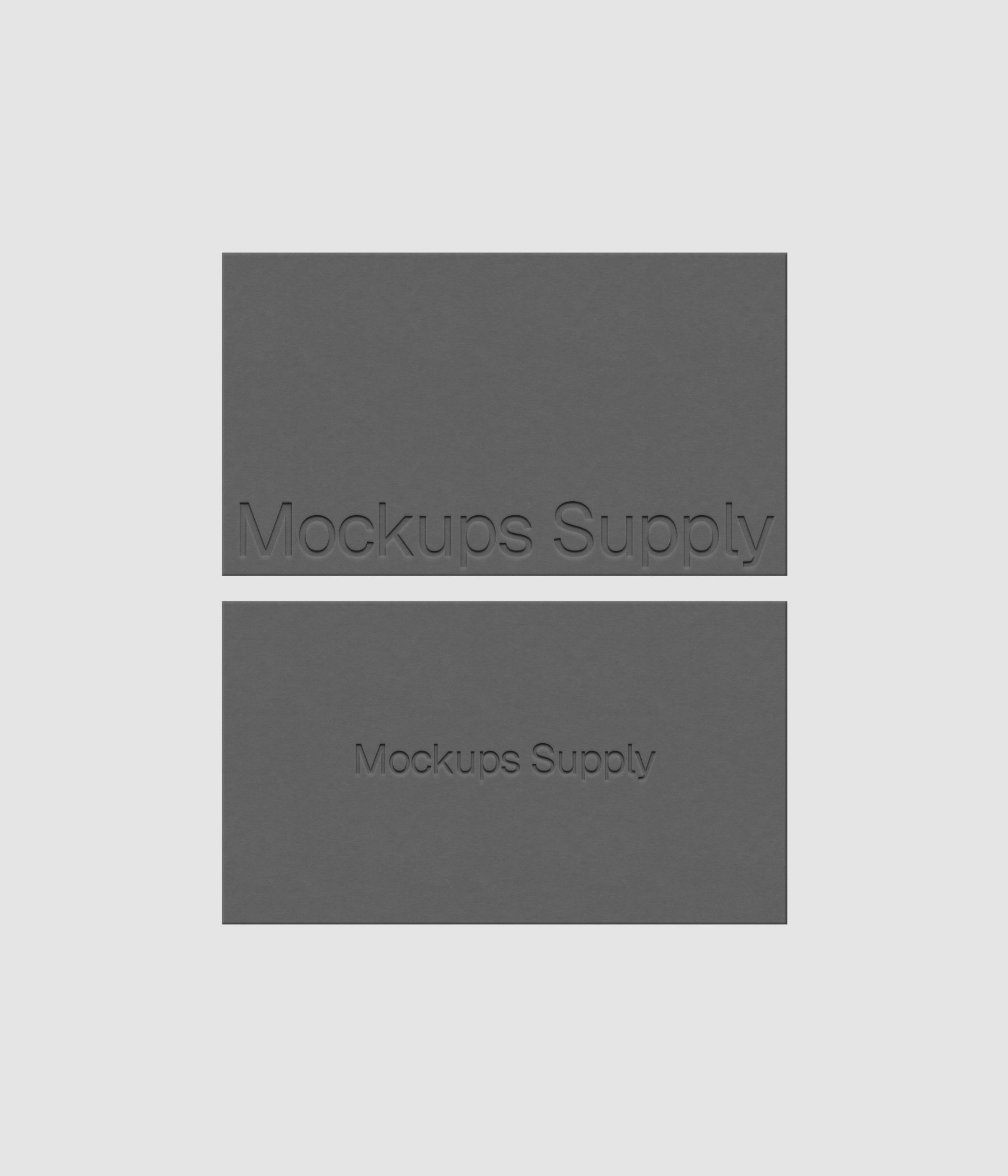 Two business cards mockup PSD US Canada landscape with debossed logo and soft shadow, gray cards on white background, clean modern stationery mockup for brand identity