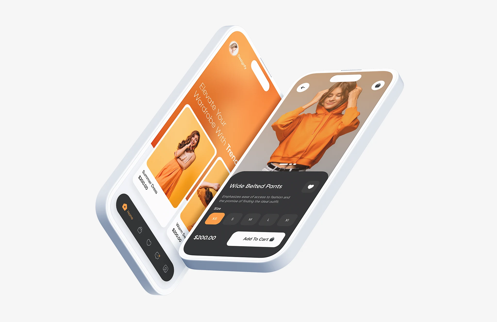 Fashion ecommerce mobile app UI design showing product details, size selection, and modern shopping experience