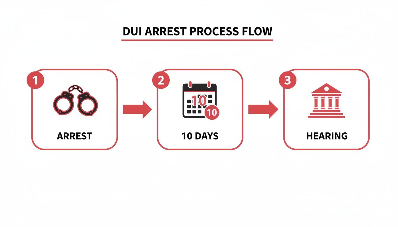 Infographic detailing the DUI arrest process flow, including arrest, 10 days, and hearing steps.