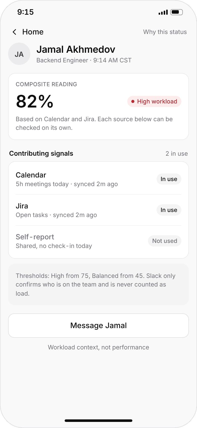 Phone — the composite reading for one teammate, the sources in use and the thresholds
