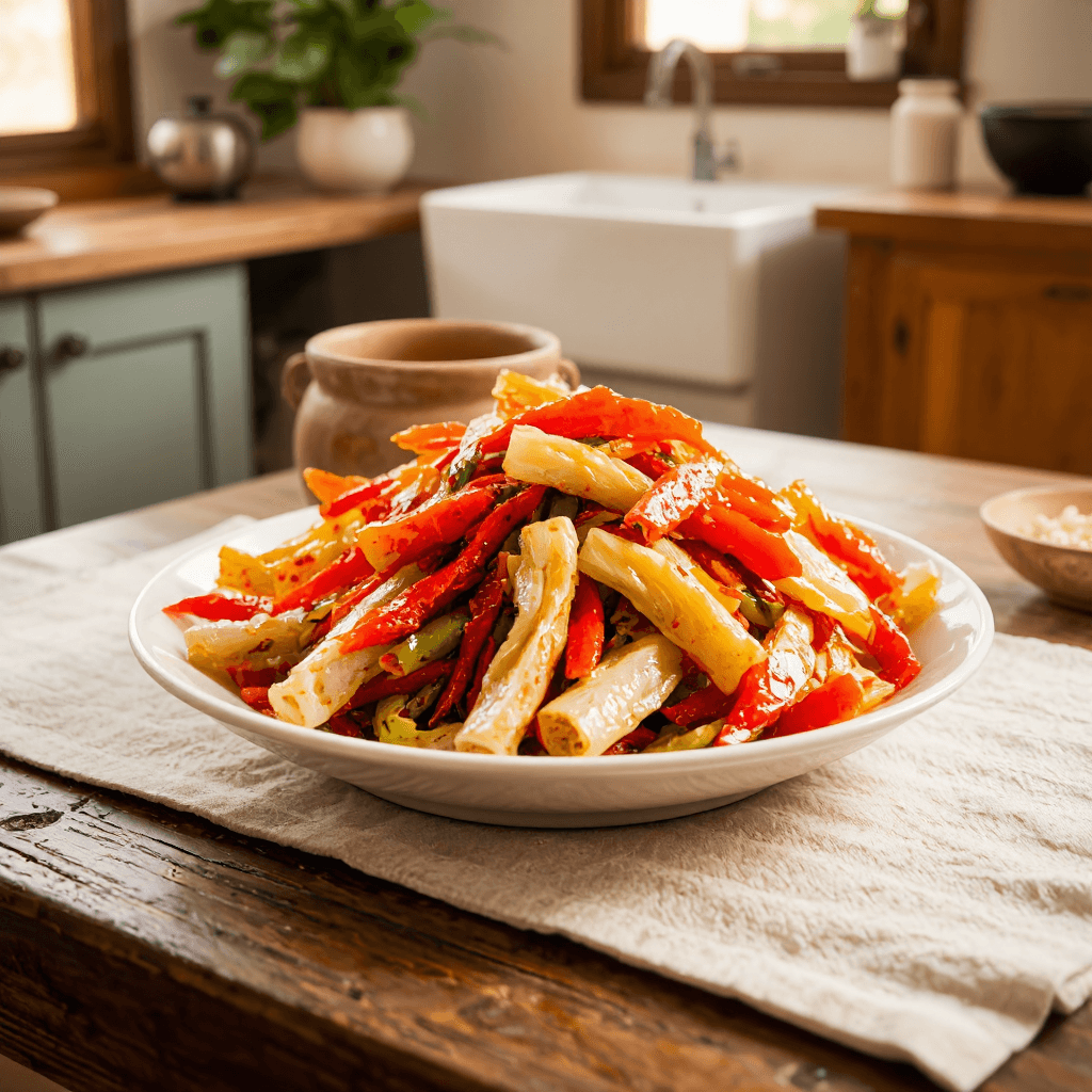 product photography of a plate of fermented vegetables, typically used as a side dish in Korean cuisine