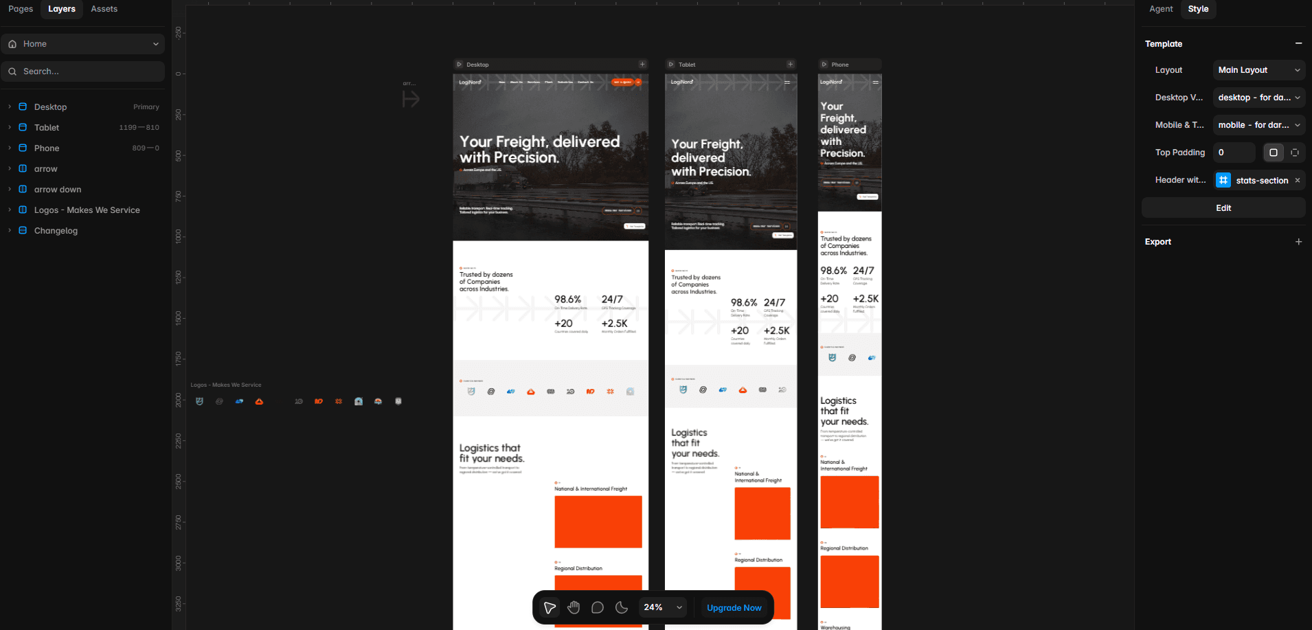 LogiNord Framer template open in the editor with desktop, tablet, and phone layouts shown side by side.