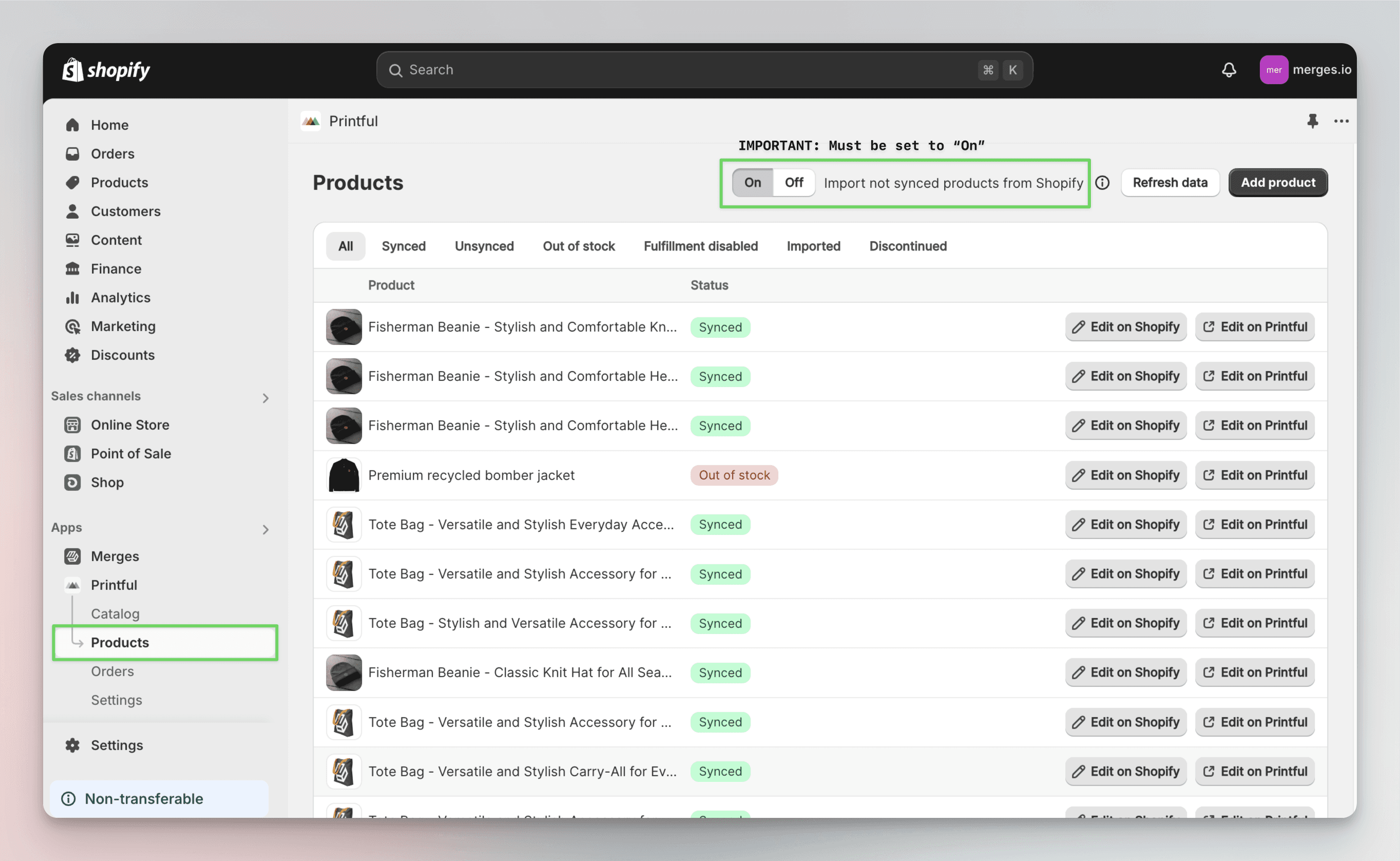 How to automatically sync merged products between Shopify and Printful using Merges