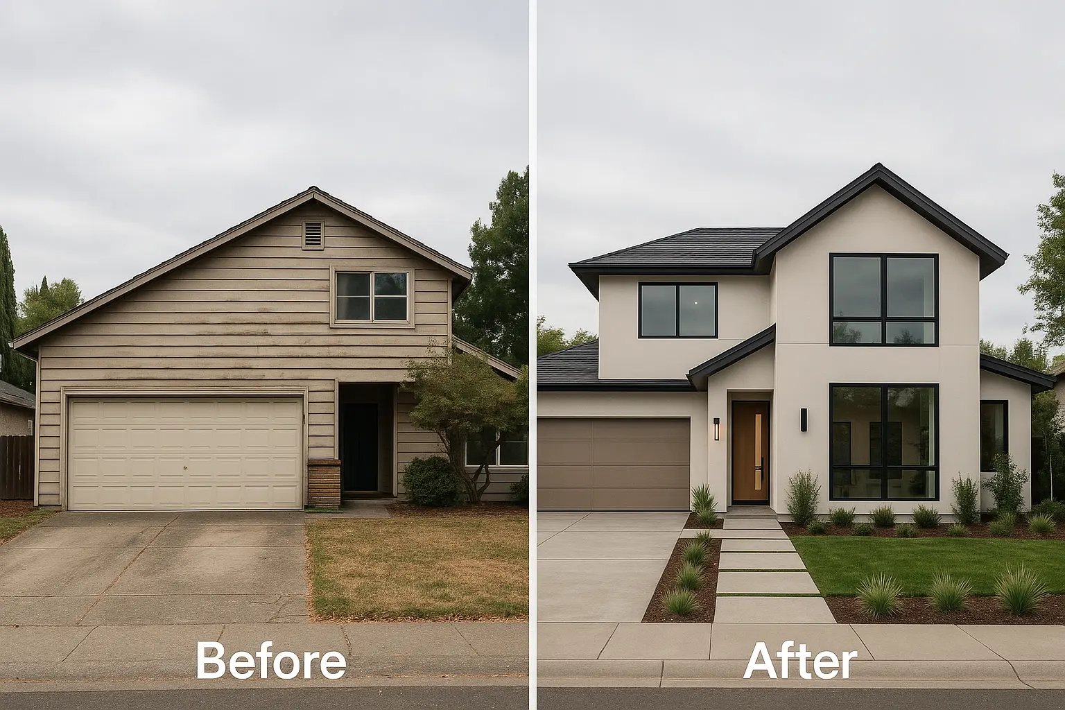 Folsom Before and after exterior home renovation by Fine Line Home Design. Transformed an outdates exterior into a modern two-story renovation with upgraded siding, large windows and fresh landscaping. Sacramentos Trusted Hone renovation experts.