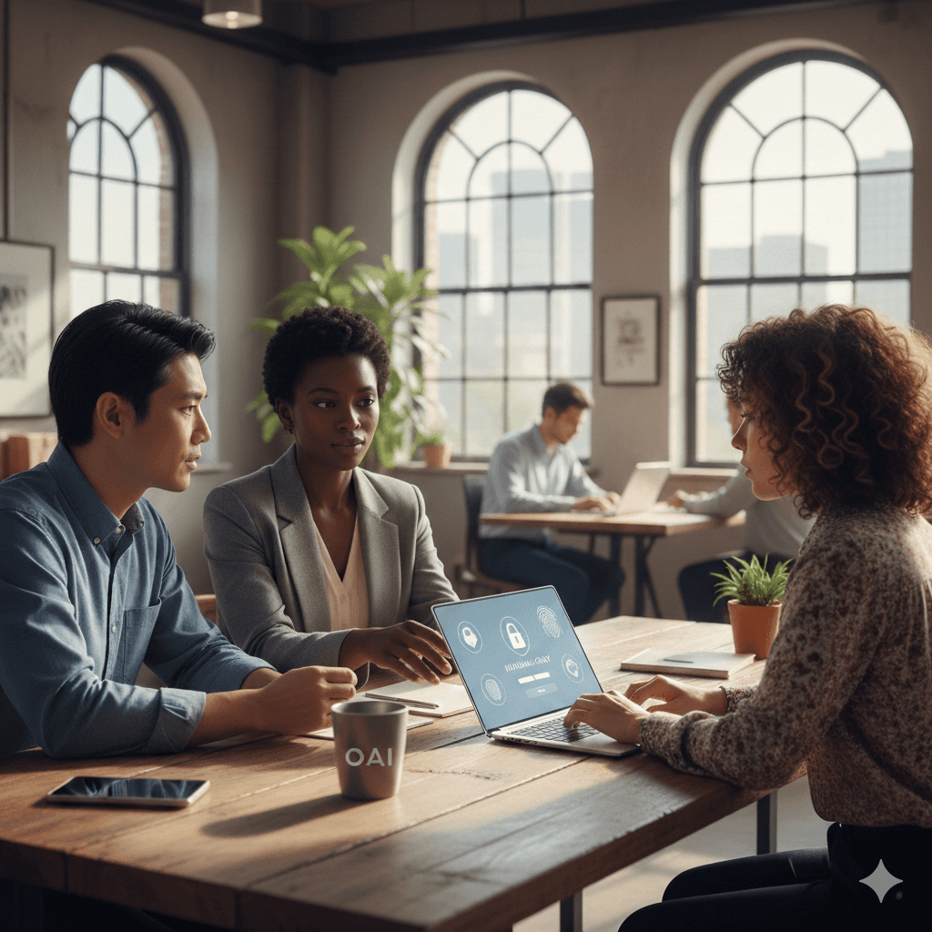 In a modern, sunlit office, professionals collaborate around a wooden table, focusing on a laptop displaying a secure interface, illustrating teamwork and digital connectivity in a professional environment related to OpenAI social network.