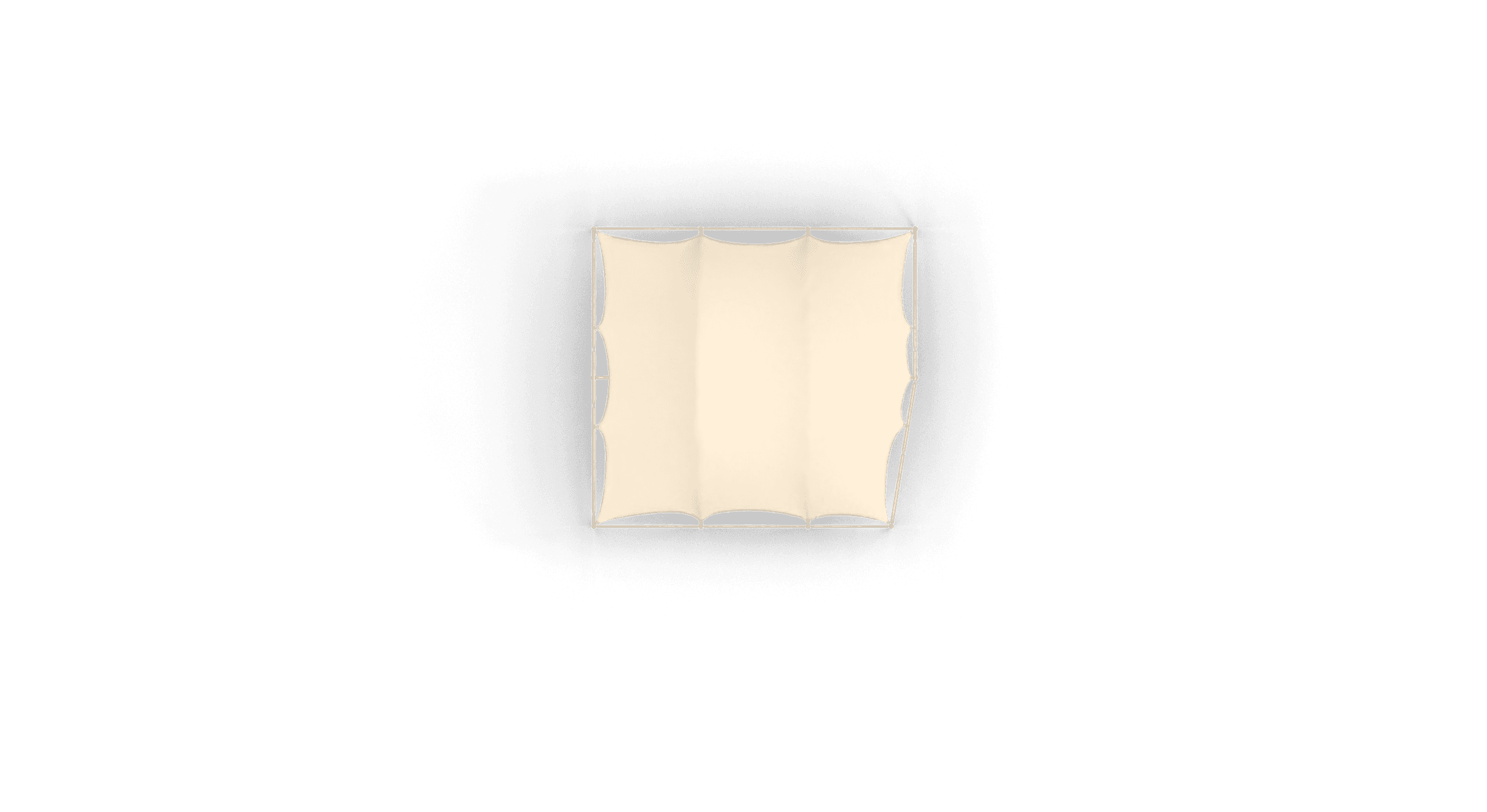 Top view: Roof construction on a frame with four curved, beige fabric panels.